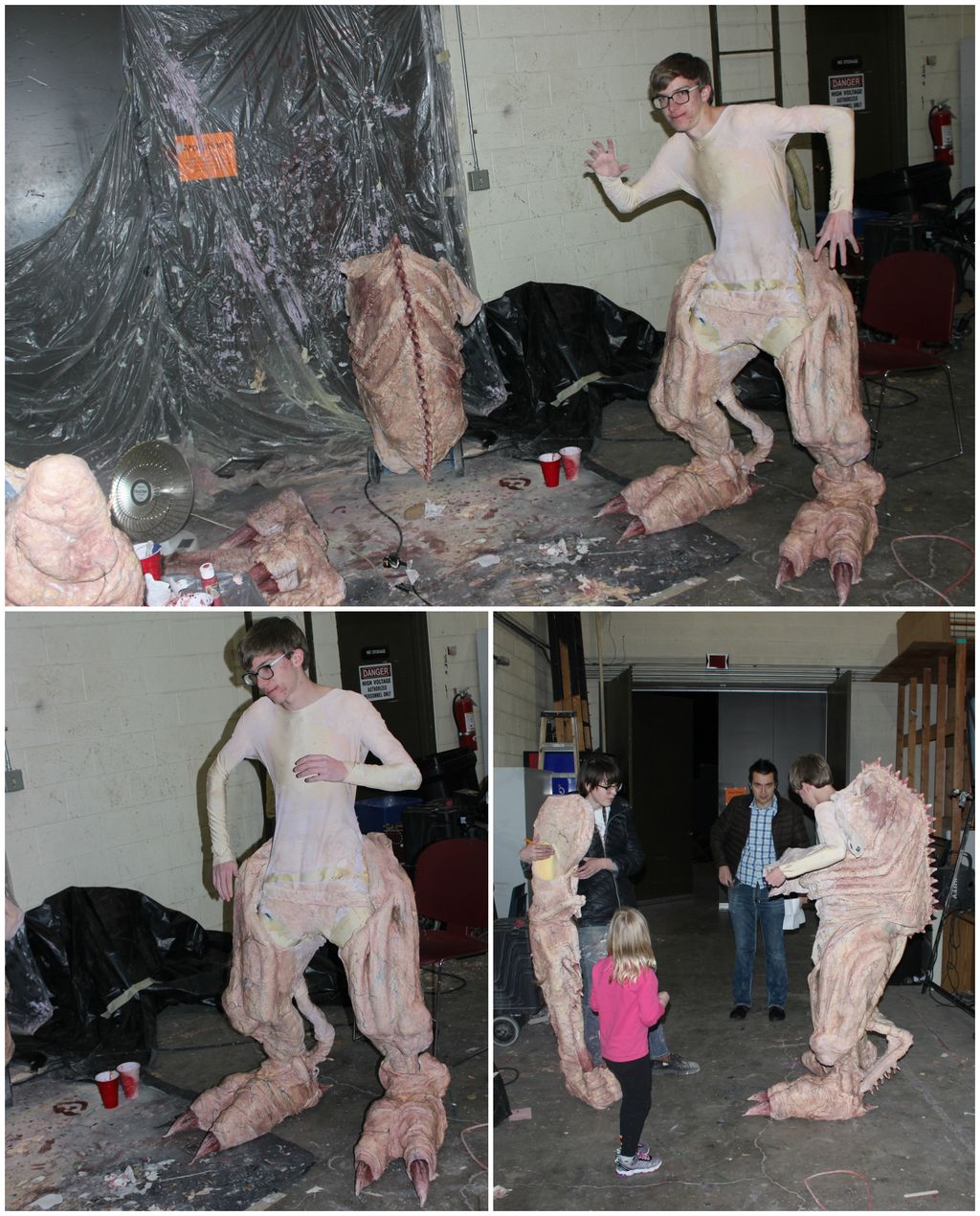 Monster supervisor Lara McAllister-McNair and monster performer Daniel Johnson seek approval from co-director Josh Wagner during a costume fitting, while a young visitor meets and falls in love with the Monster (she wasn’t scared, one bit!)