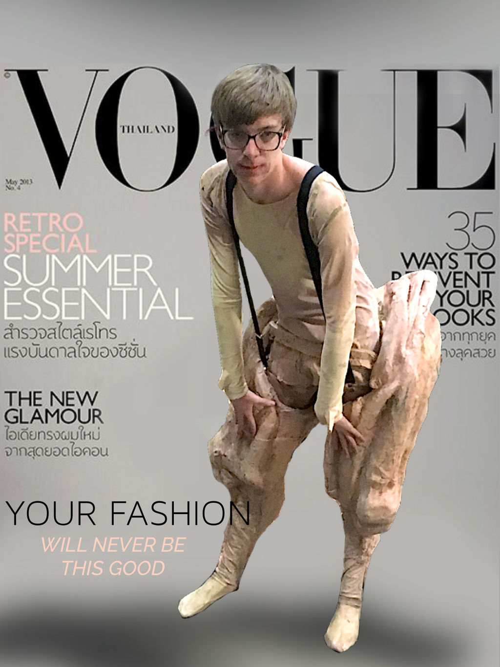 Monster performer Daniel Johnson shows off his new suspenders on the 'cover' of “Vogue magazine”.