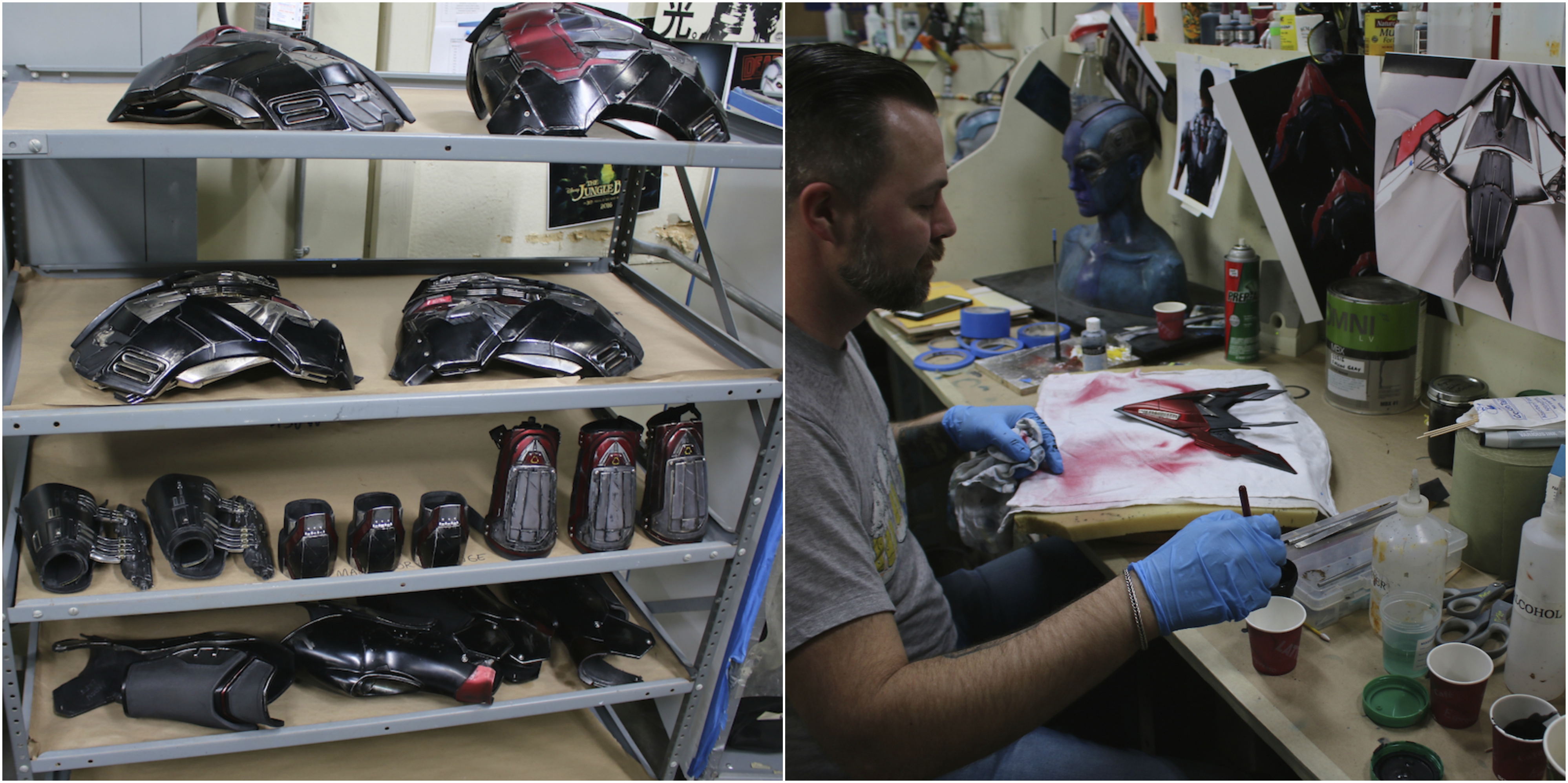 Left: Shelves with Falcon armor and backpacks. Right: Ryan Pintar paints a lighting reference version of Falcon's drone.&nbsp;Images courtesy Legacy Effects