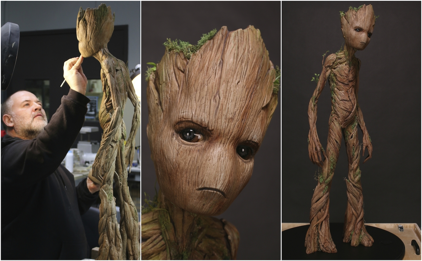Left: John Cherevka paints the Teenage Groot maquette. Center & Right: The completed maquette.&nbsp;Images courtesy Legacy Effects