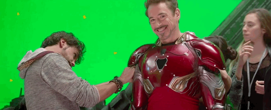 Legacy Effects' On Set Suit Supervisor for Avengers: Infinity War, Christopher Swift,&nbsp;helps Robert Downey, Jr. into the Mark 50. Source: Marvel Studios