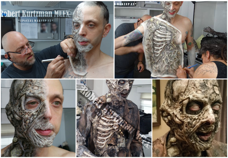 Kurtzman & Co-Department Head Staci Witt apply facial and full-body silicone prosthetics&nbsp;to actor Josh Campbell as&nbsp;"Crispy Moldy Basement Ghost."&nbsp; Images courtesy Robert Kurtzman MUFX.