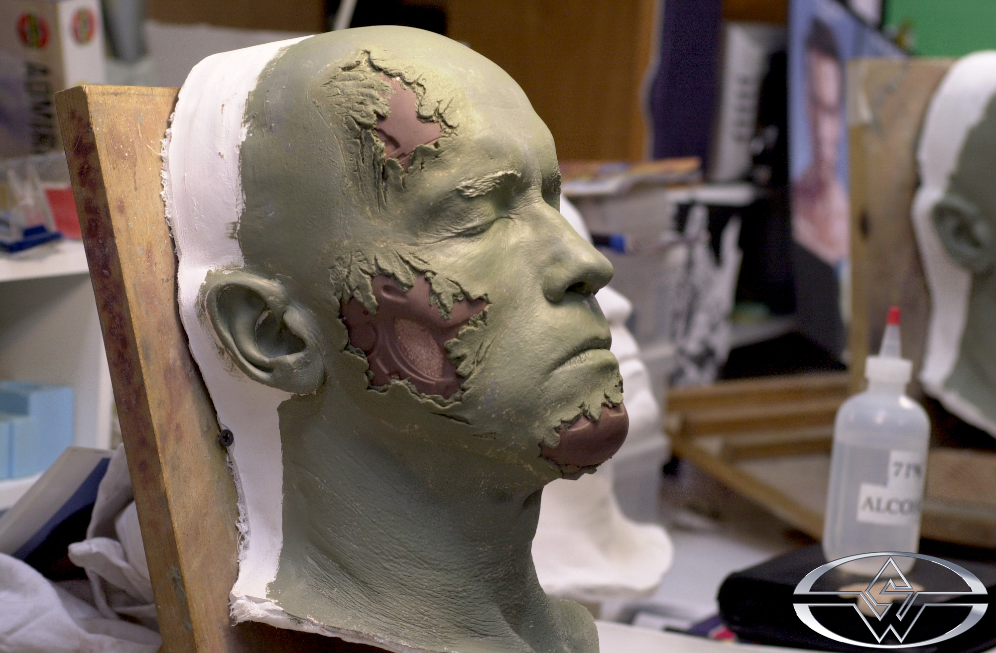 From the lifecast, the SWS team ran a plaster positive bust of Arnold that artists used to sculpt the prosthetics.