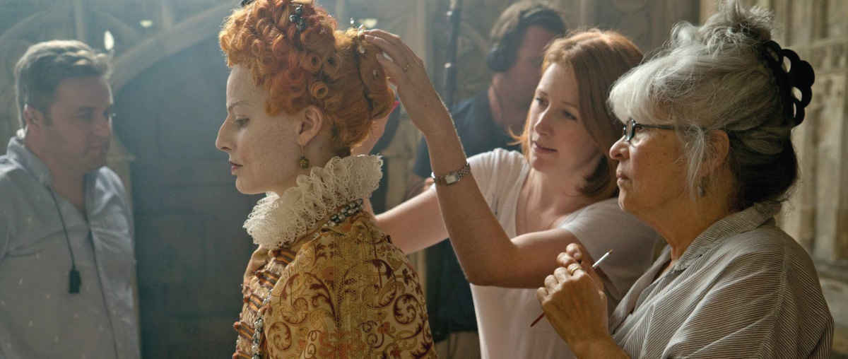 Jenny Shircore overseeing touchups on Margot Robbie. Photo: Liam Daniel/Focus Features