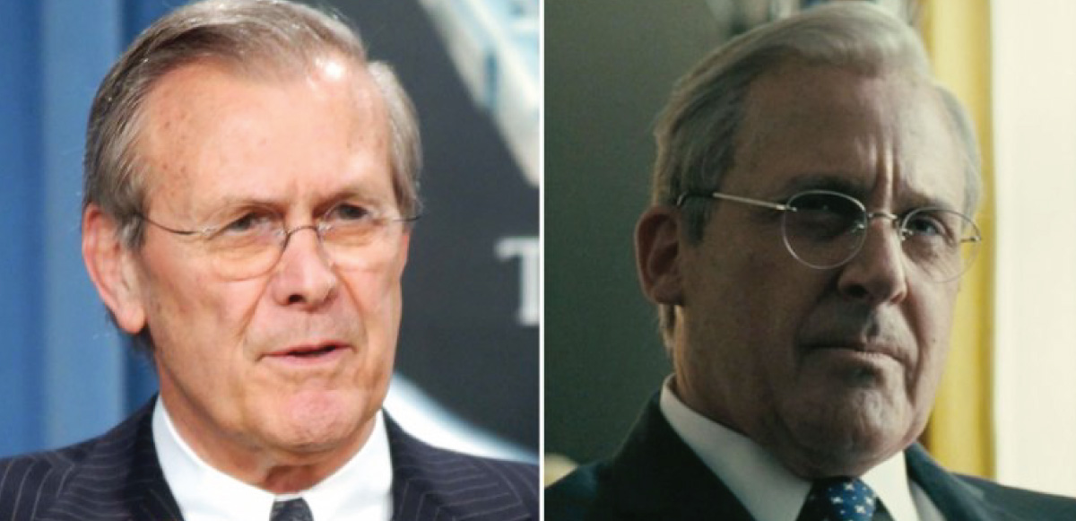 Donald Rumsfeld next to Steve Carell in makeup.