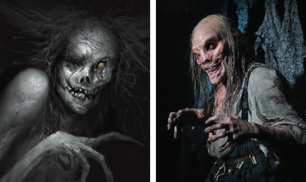 L: Baba Yaga concept design by Richard Luong. R: The finished Baba Yaga makeup. Images courtesy of Joel Harlow/Lionsgate.