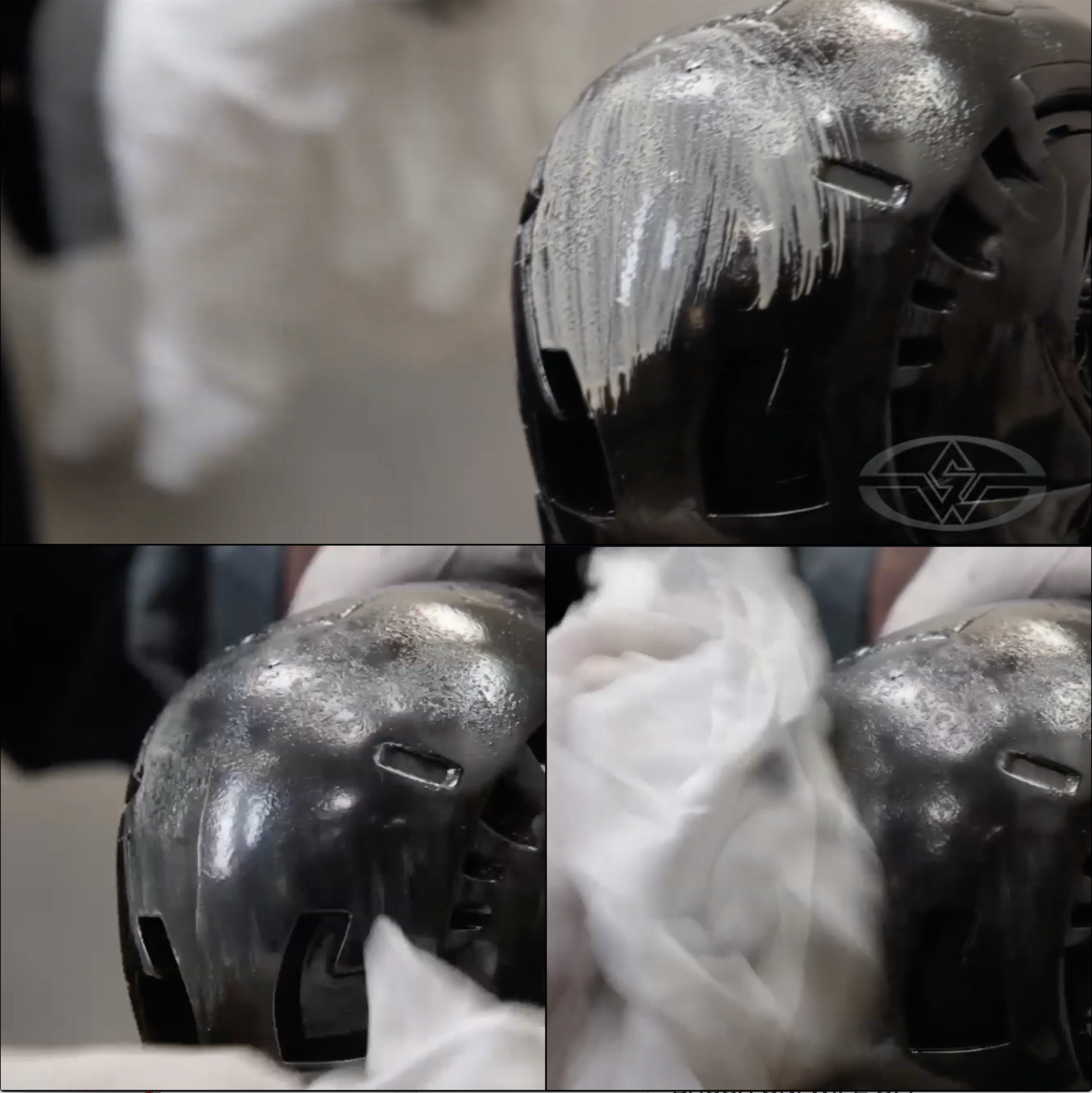 Rob Ramsdell applies a bit of wash, then buffs the color tint with a rag.