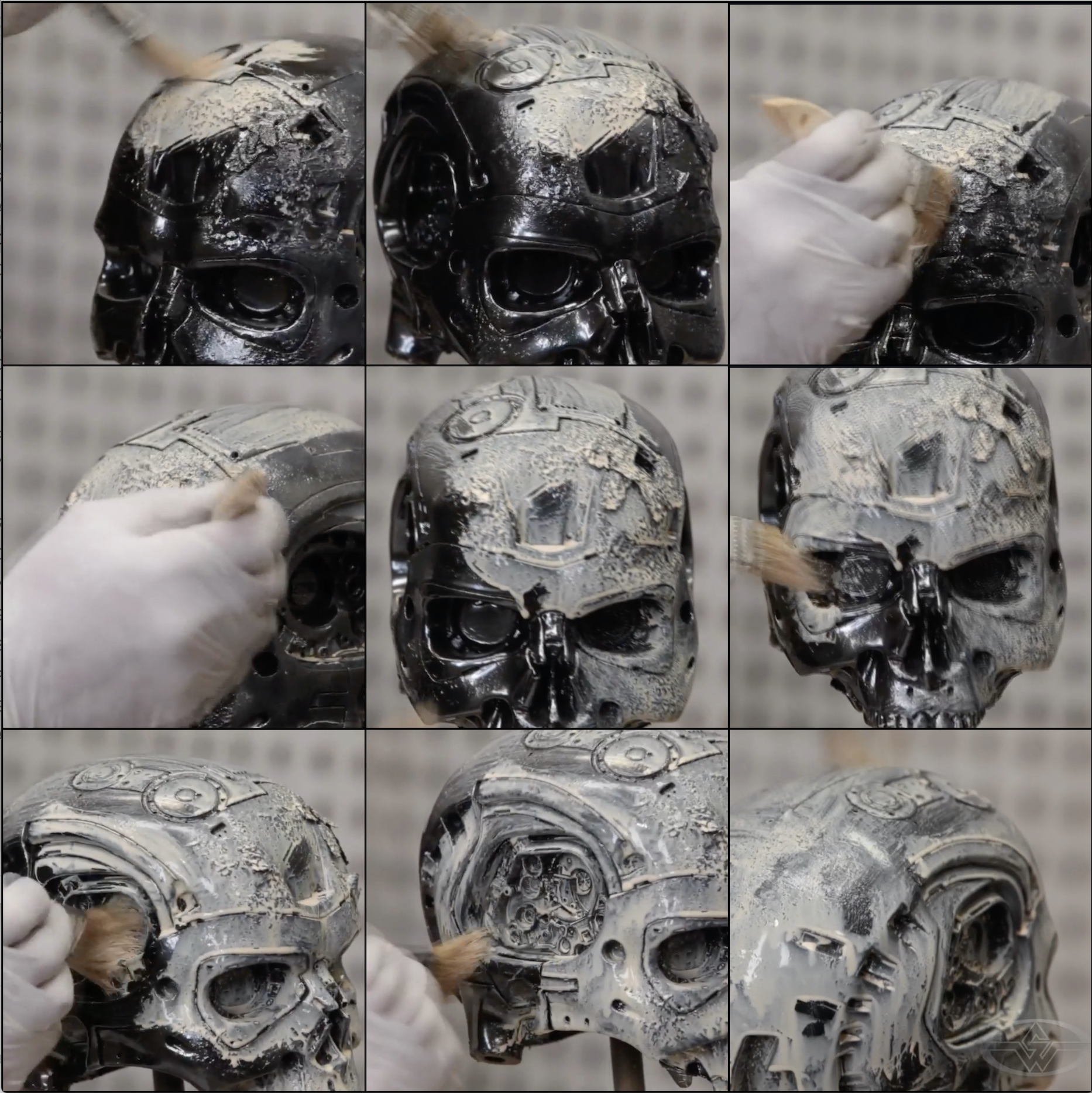 Using a chip brush, Rob Ramsdell applies more paint to the surface of the T-600 skull.