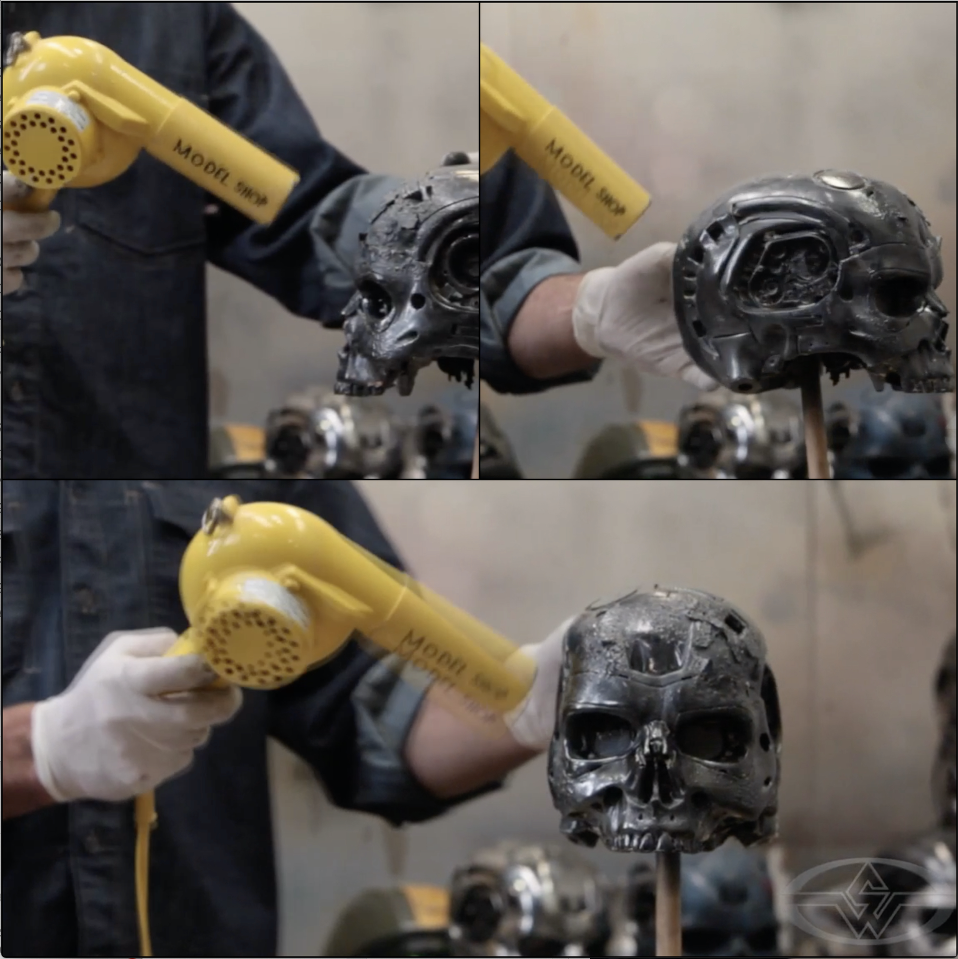 Working quickly, Rob Ramsdell uses a hair dryer on the T-600 skull.