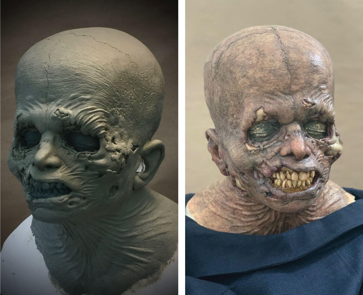 The dead boy sculpture and final mask before the wig has been&nbsp;applied.
