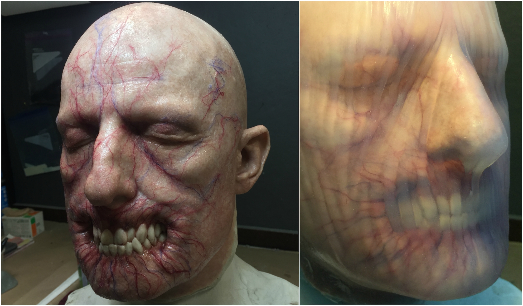 The&nbsp;silicone mask with and without the clear silicone membrane, which would be worn by a contortionist as they emerged from the wolf.