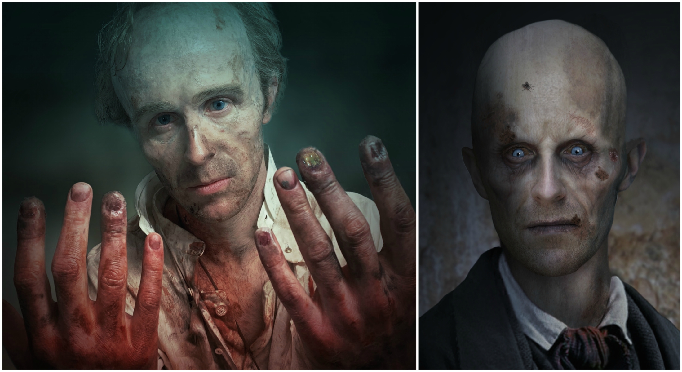 Design concepts for Johnathan Harker's transformation from decaying human to Nosferatu-inspired vampire.