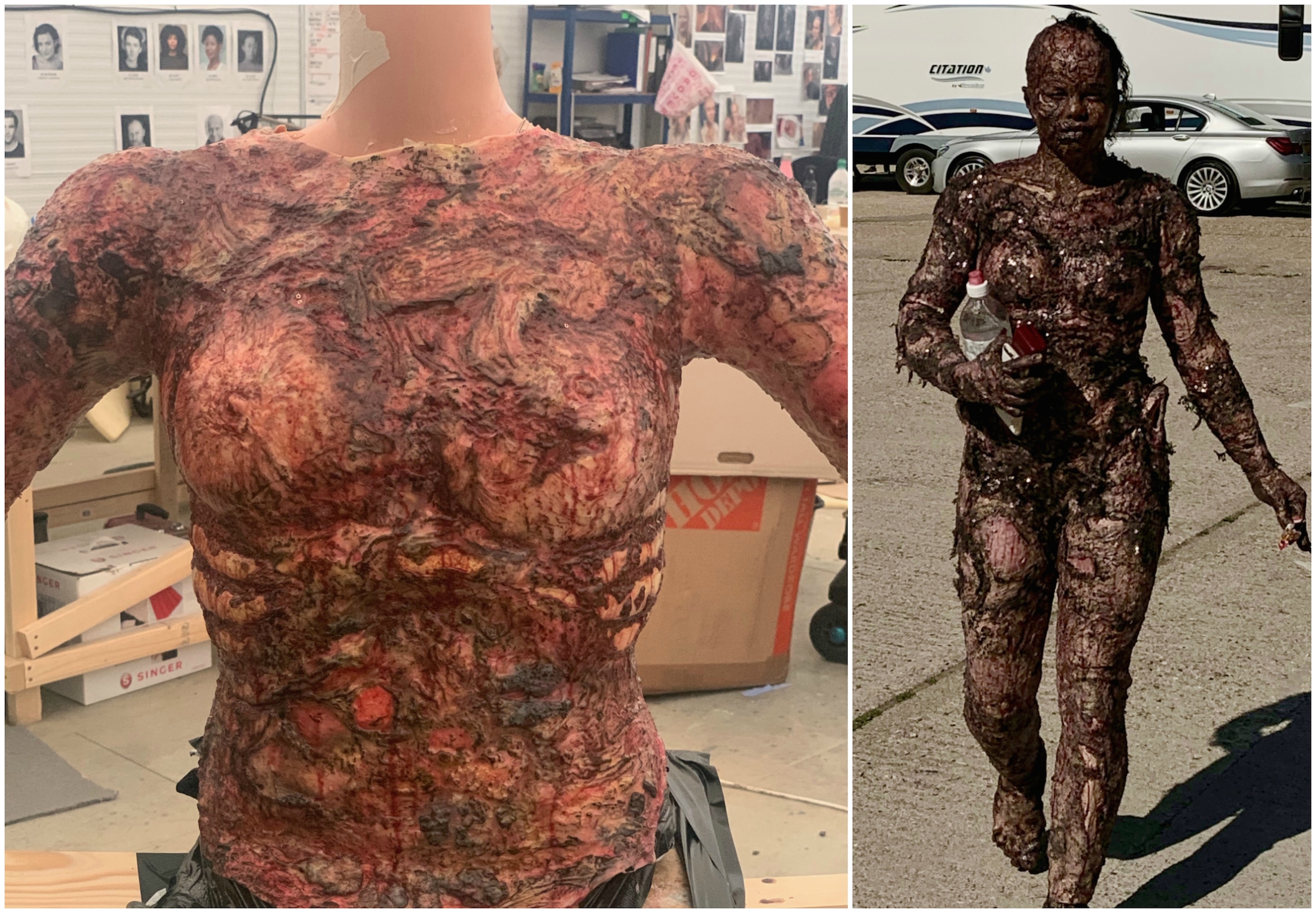 The burned Lucy bodysuit [left] with melted skin and exposed ribs. Lydia West [right] on her way to set after going through her burned Lucy transformation.
