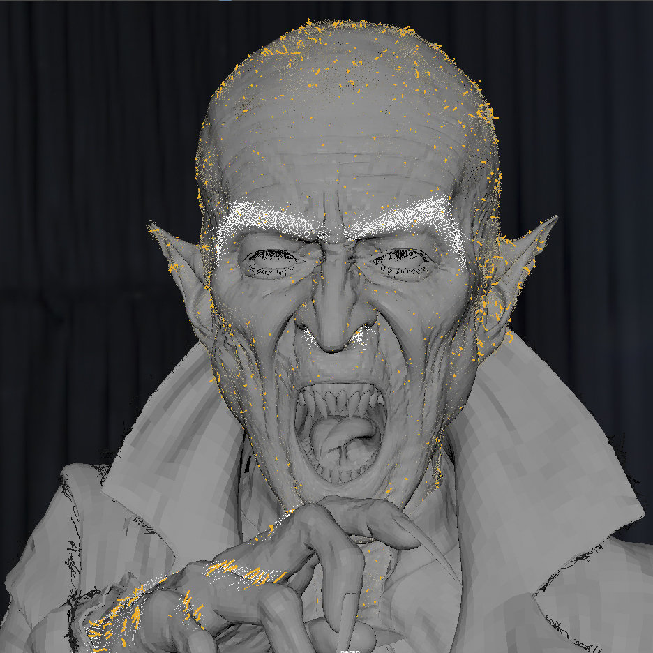 Greyscale mesh with hair highlights selected.
