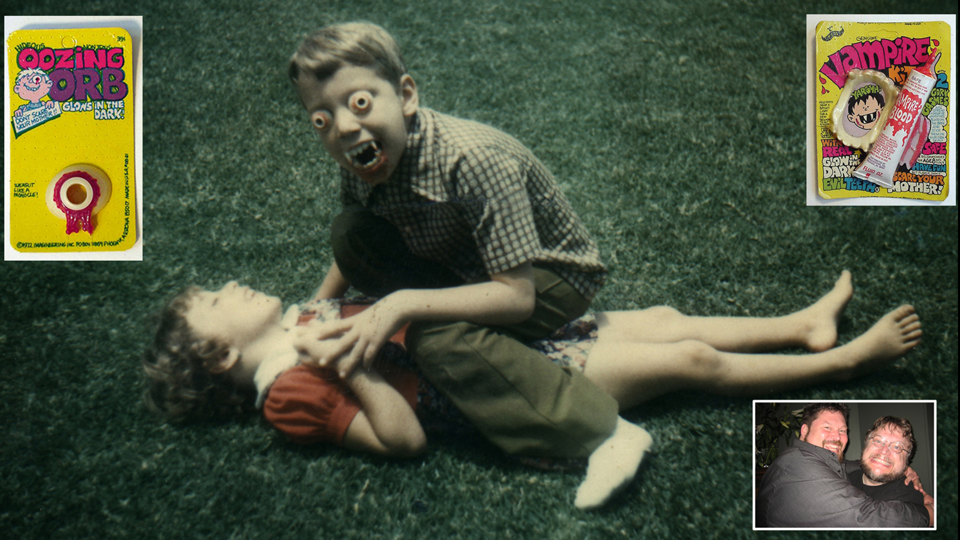 An ad&nbsp;for Imagineering Inc products: Oozing Orb Eyes,&nbsp;Vampire Teeth and Blood! &nbsp;Inset: the products: an oozing orb;&nbsp;a set of teeth and a tube of blood; a more recent photo&nbsp;of&nbsp;Gino messing around with his friend director Guillermo del Toro.