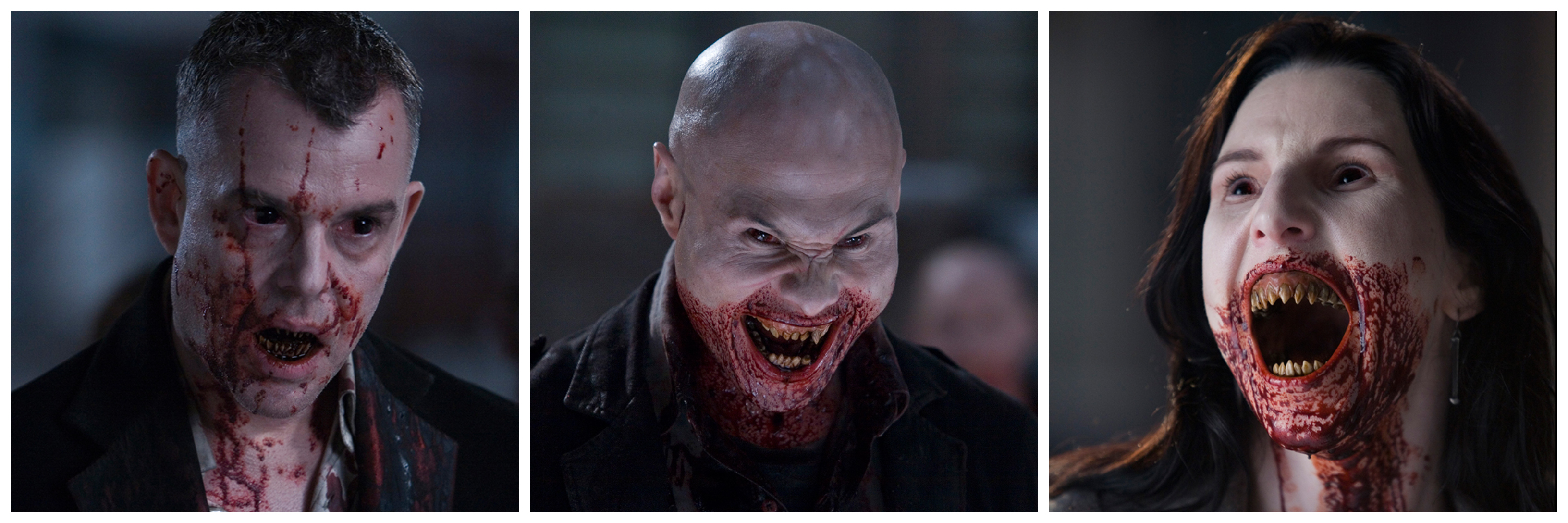 Three of the blood-spattered vampires that invade the small town of Barrow, Alaska in 30 Days of Night.&nbsp;Images courtesy Columbia Pictures.