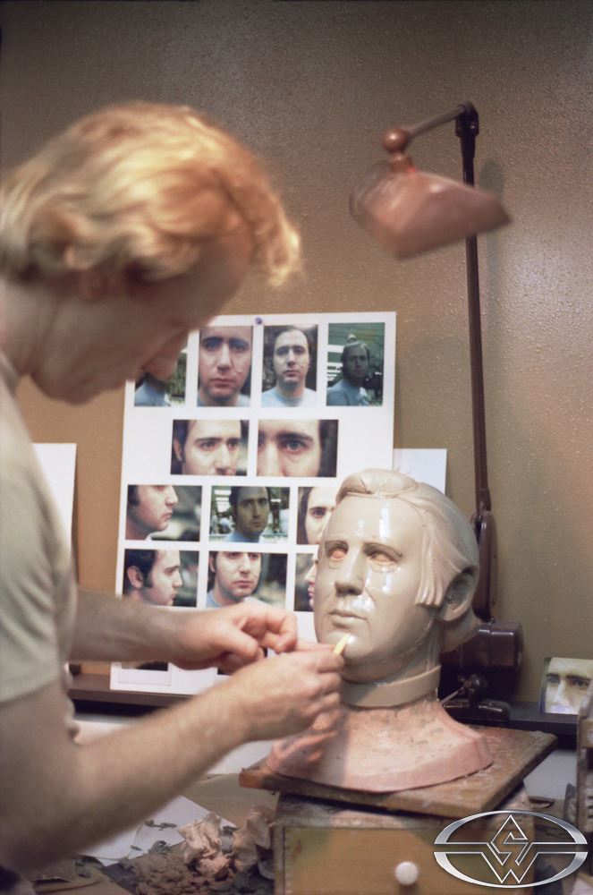 Michael&nbsp;McCracken&nbsp;cleans up the final makeup sculpture for ‘Val’ – Andy Kaufman’s character – to ready it for molding.
