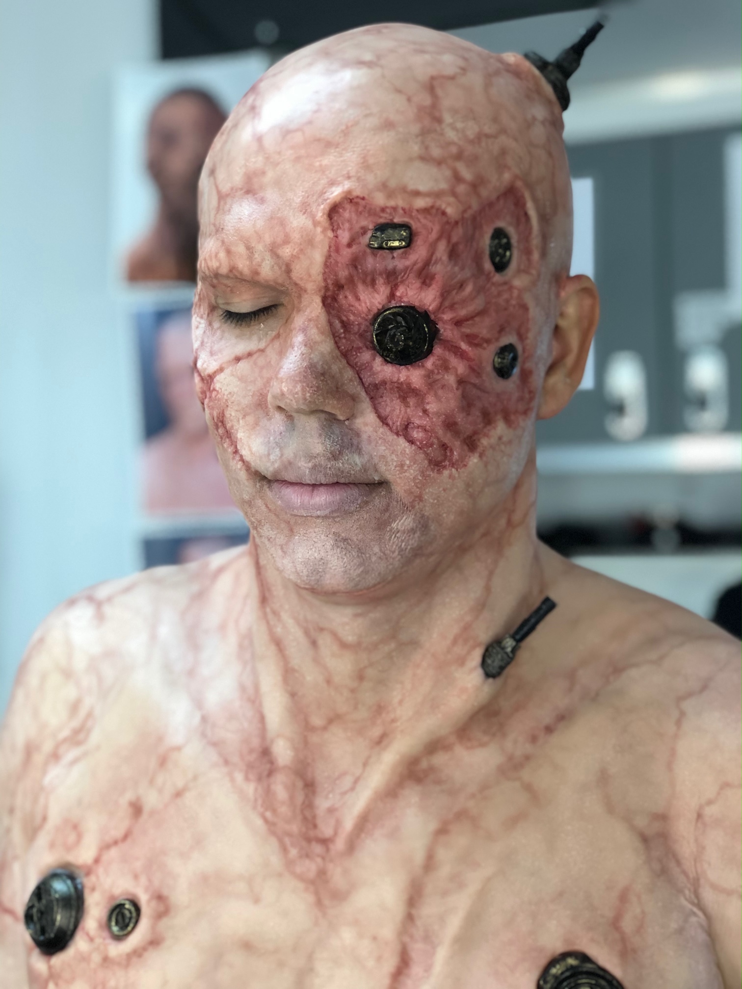 Pre-painted silicone appliances and the completed xB makeup on amputee actor Zachary James Rukavina.&nbsp;&nbsp;Image courtesy James MacKinnon/CBS All Access.