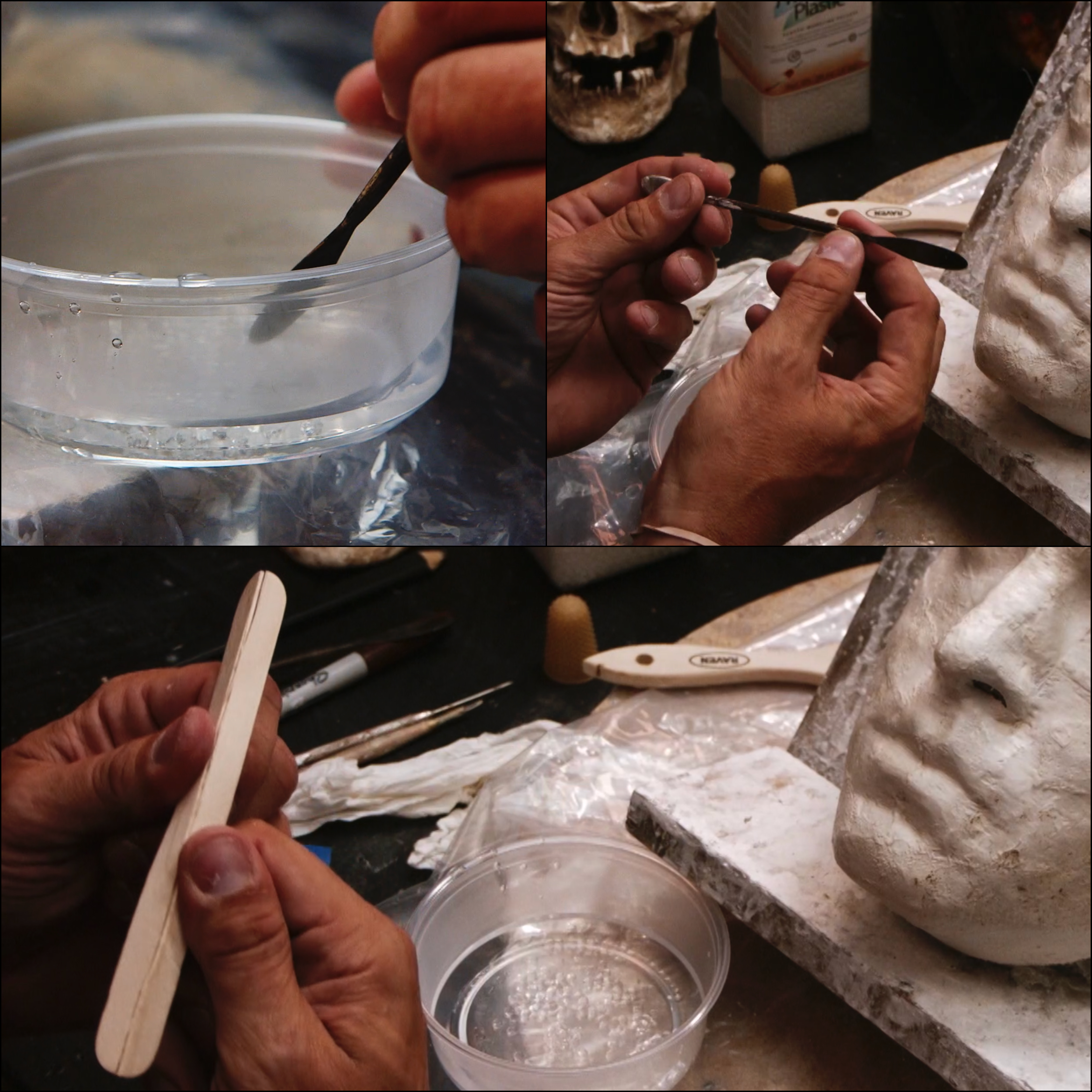 Patrick stirs the beads with his modelling tool as they begin to stick together.