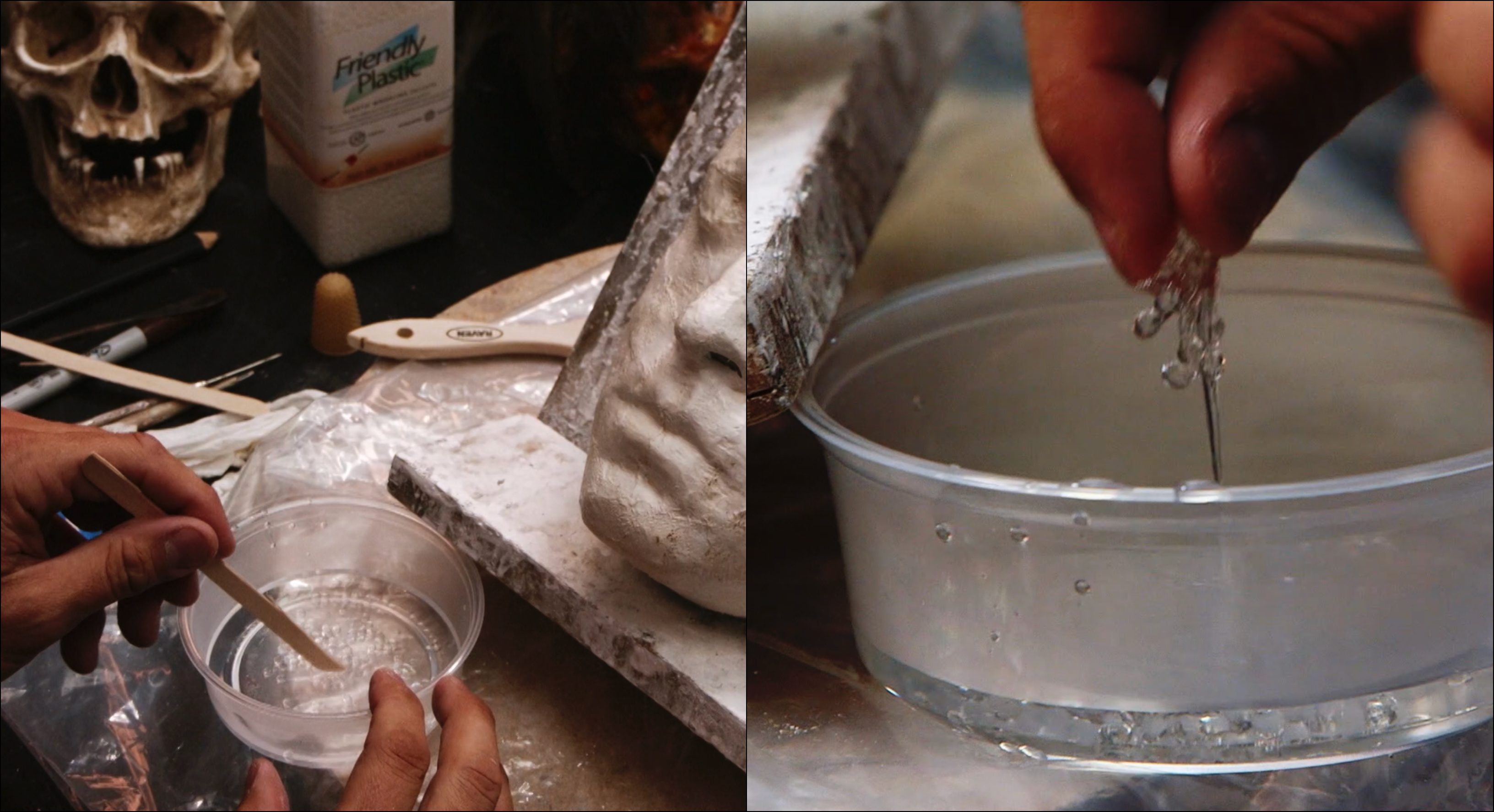 The Friendly Plastic, is removed from the hot bath and ready to take shape.
