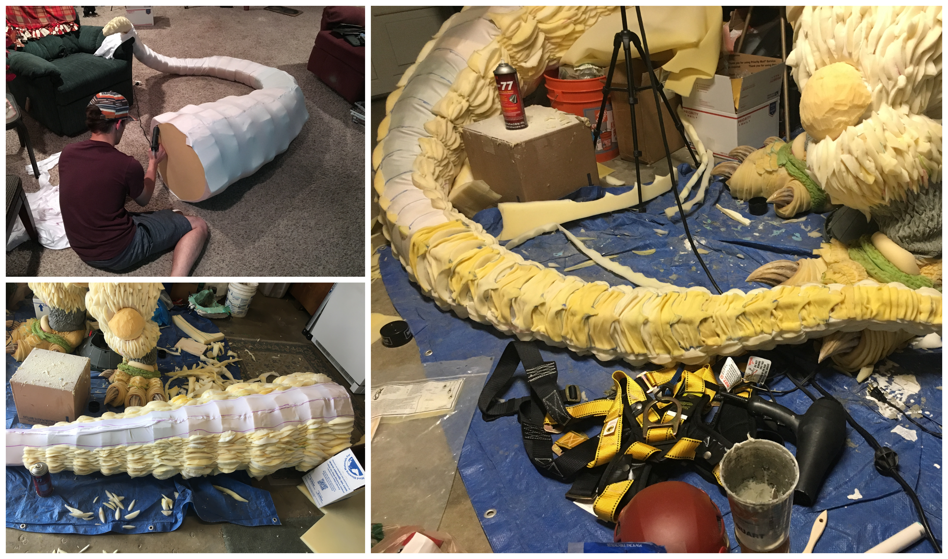 Photos showing the tail wrapping and defining process. The tail wrap required four yards of Nylon Spandex.