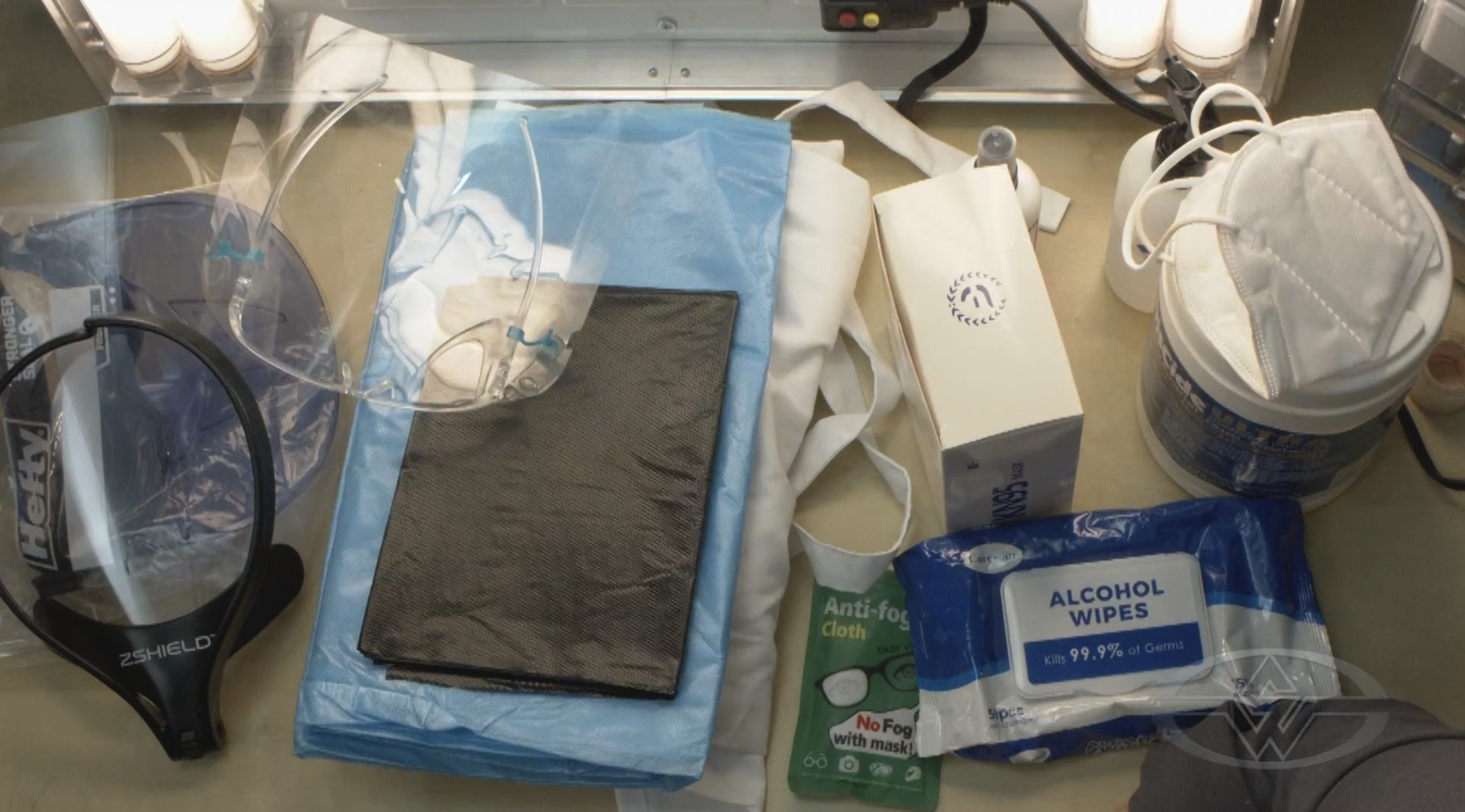 Personal protective equipment, or PPE, to prevent transmission of Covid-19 and other germs, includes face masks, face shields, wipes, sanitizer and anti-fog spray and cloth.