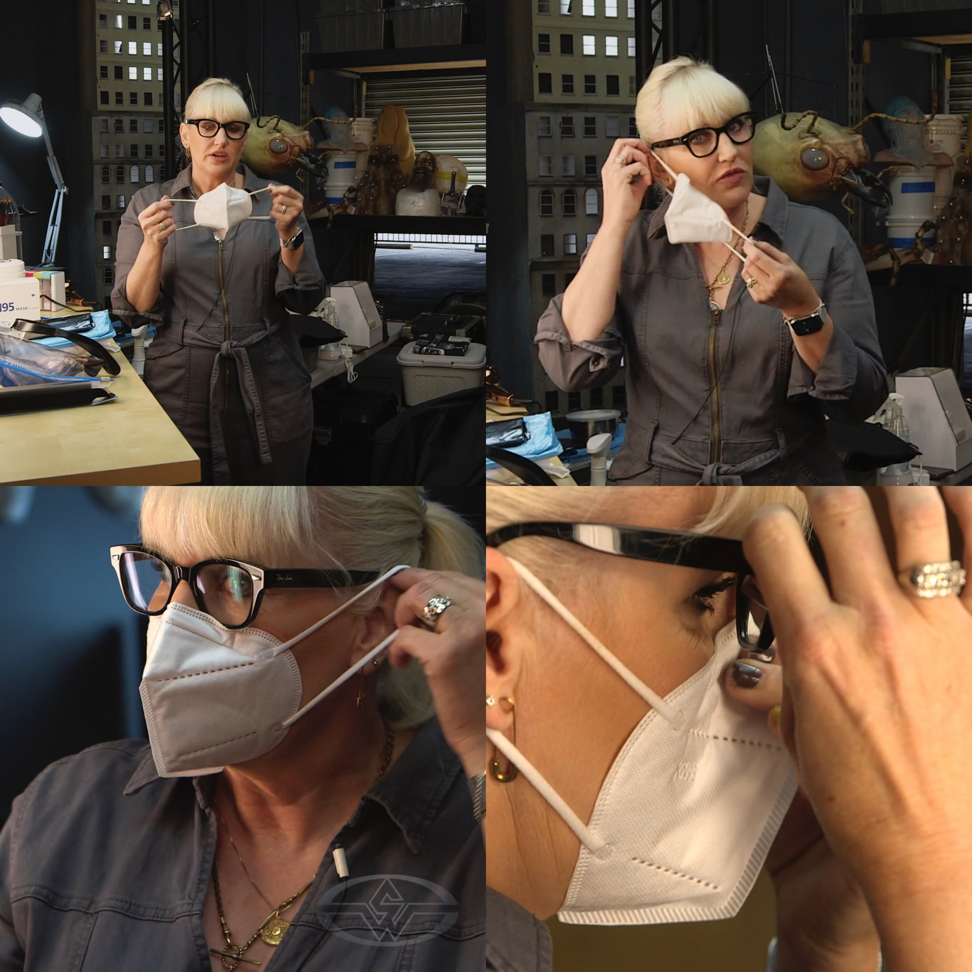 Eryn Krueger Mekash, loops the elastic of her KN95 surgical mask over one ear and then the other.