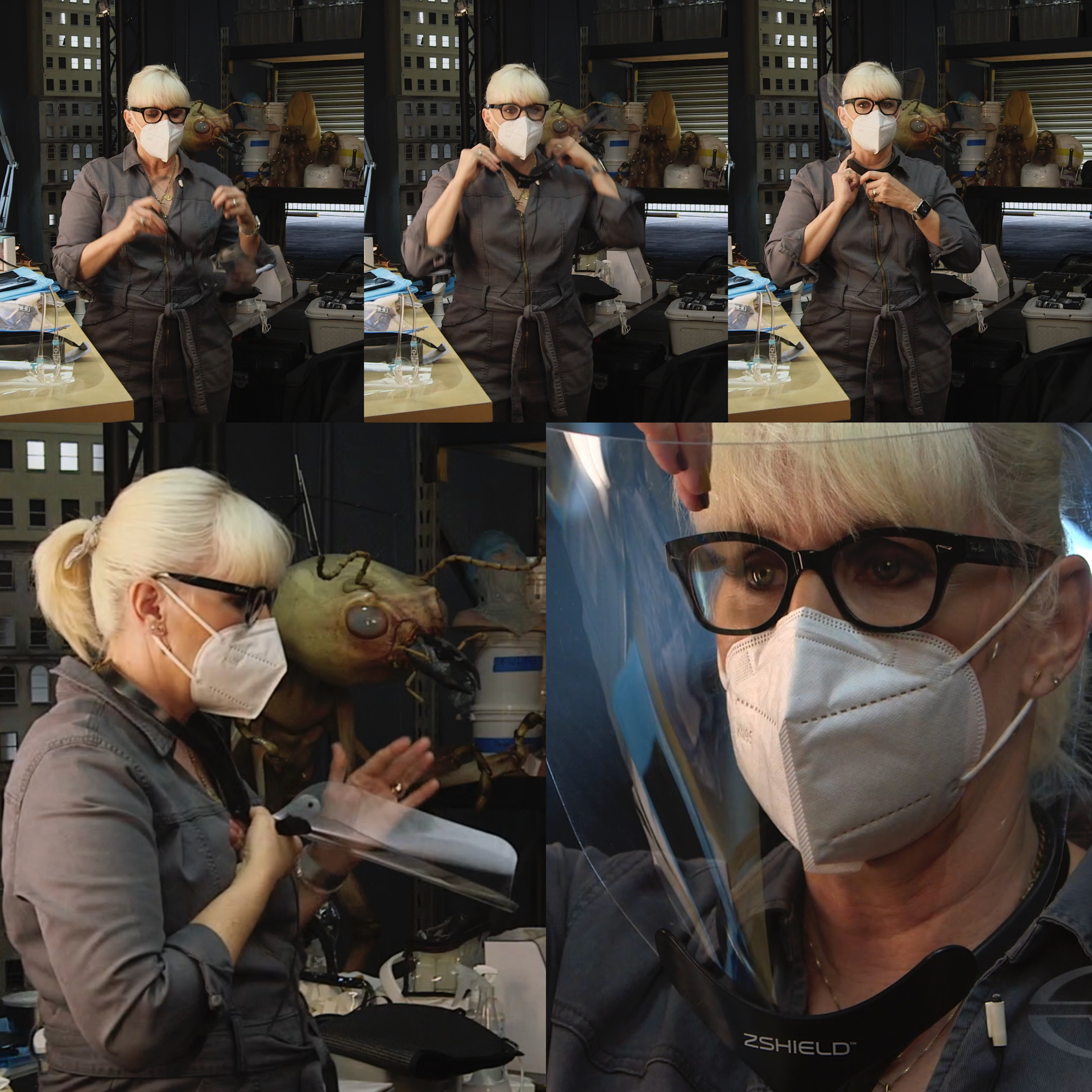 Eryn Krueger Mekash demonstrates an alternative face shield that uses a neck collar.