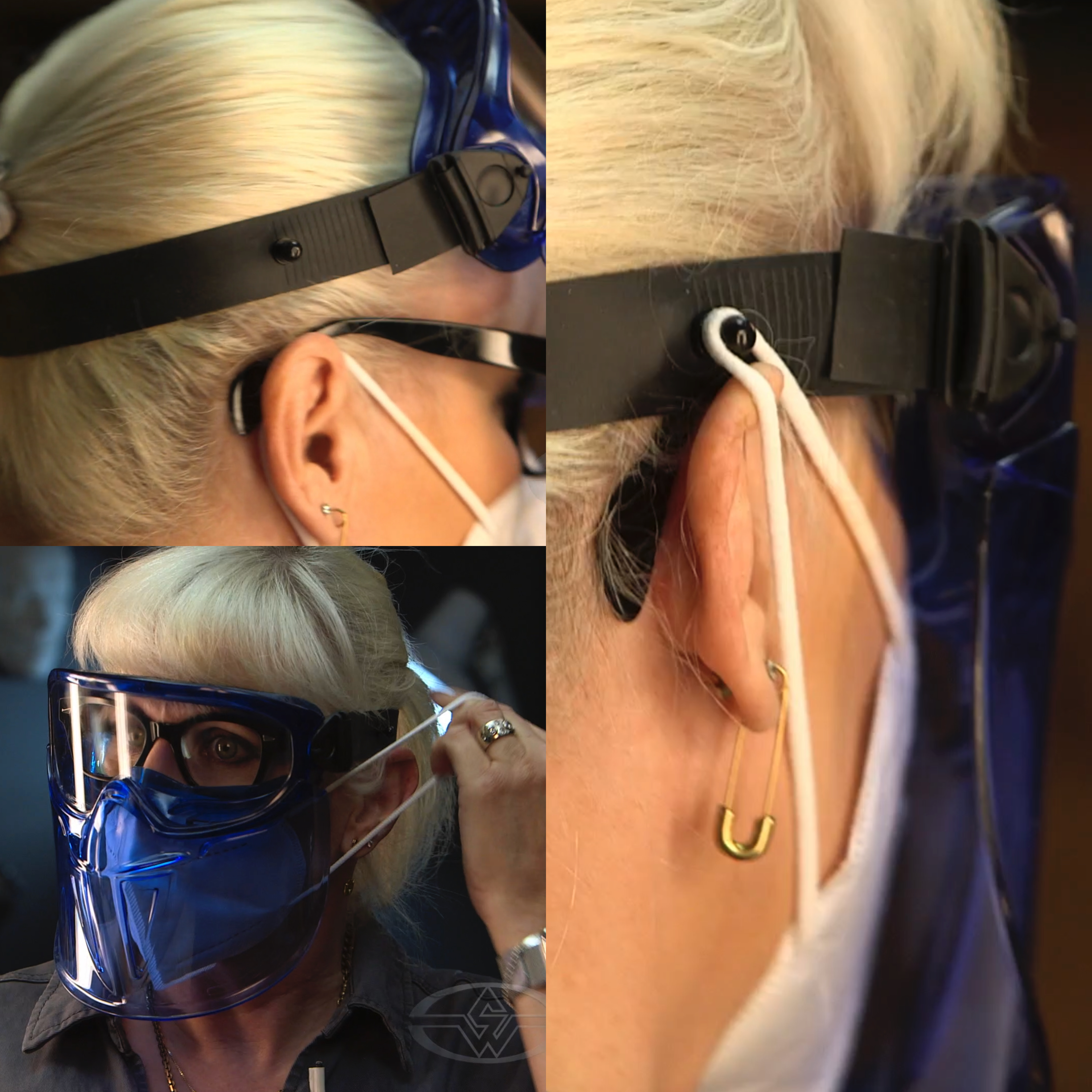 Eryn Krueger Mekash has rigged her own personal Jackson Safety face shield and mask with side knobs for attaching mask loops.