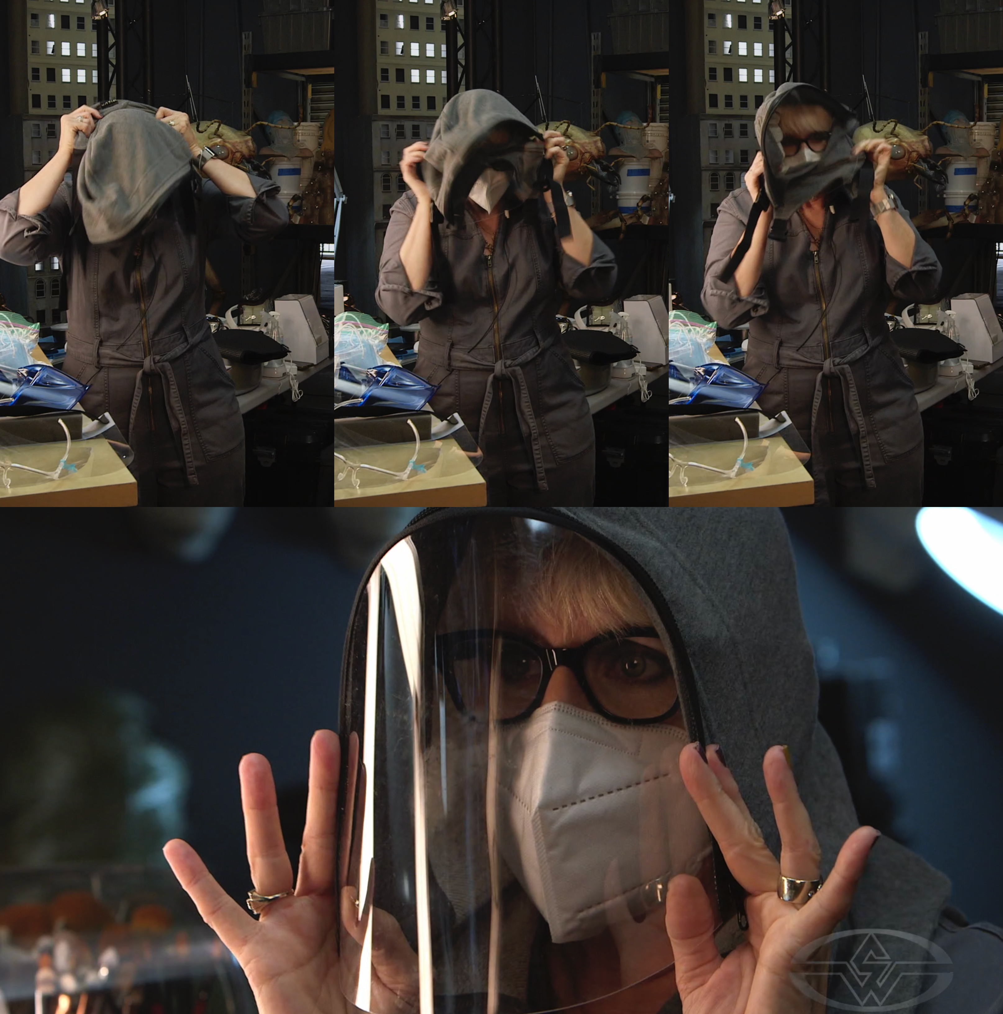 Face shield that attaches to a zippered hoodie.
