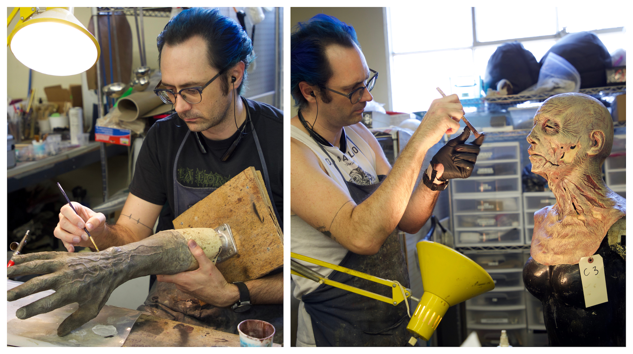 FX artist Jesse Gee paints a zombie hand prosthetic and a Shambler mask at Fractured FX.  Images courtesy Fractured FX/Netflix.