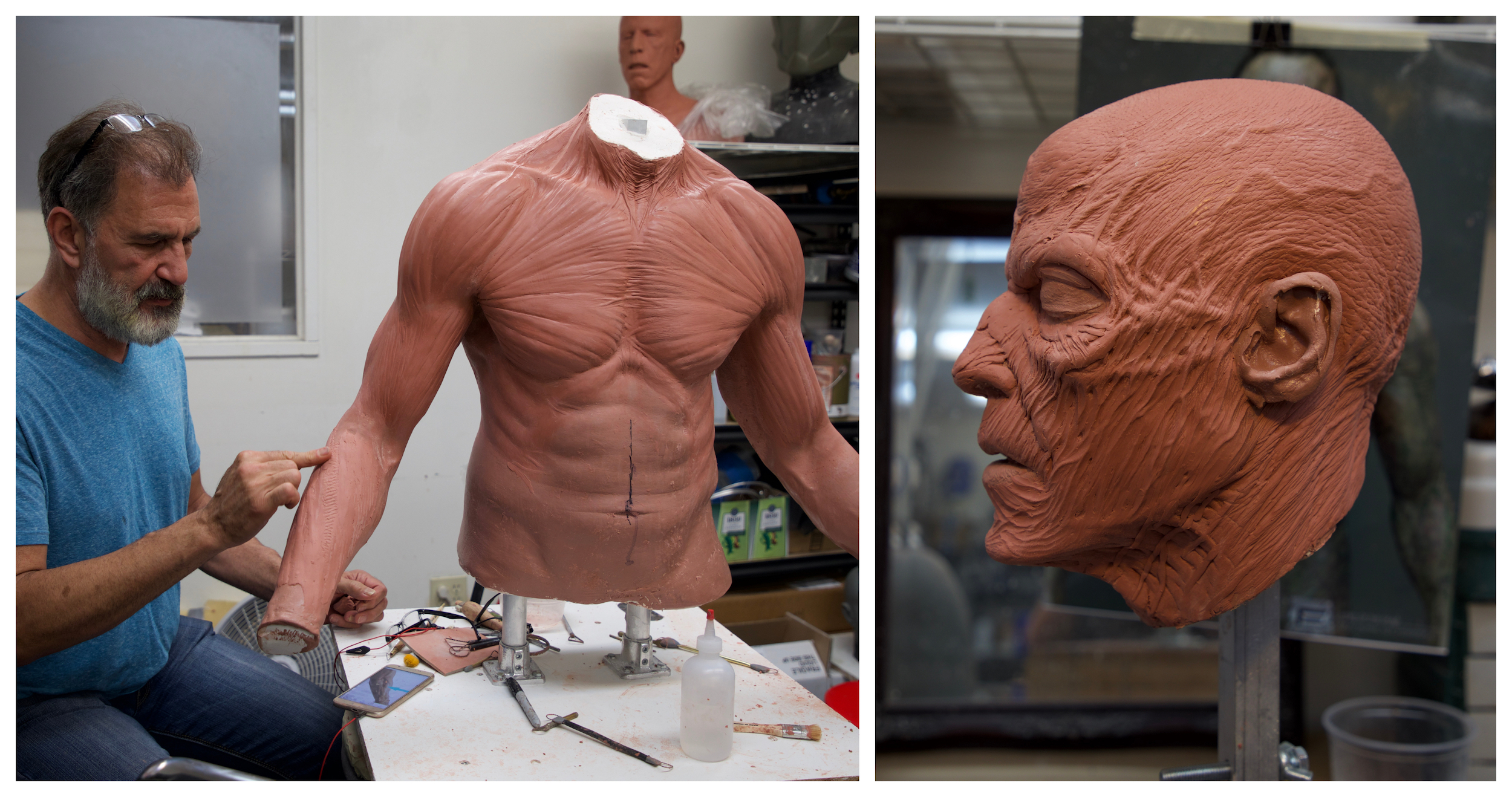 Left: Brian Wade sculpts Zeus's torso appliances. Right: the final sculpture for Zeus's head/face prosthetics.  Images courtesy Fractured FX/Netflix.