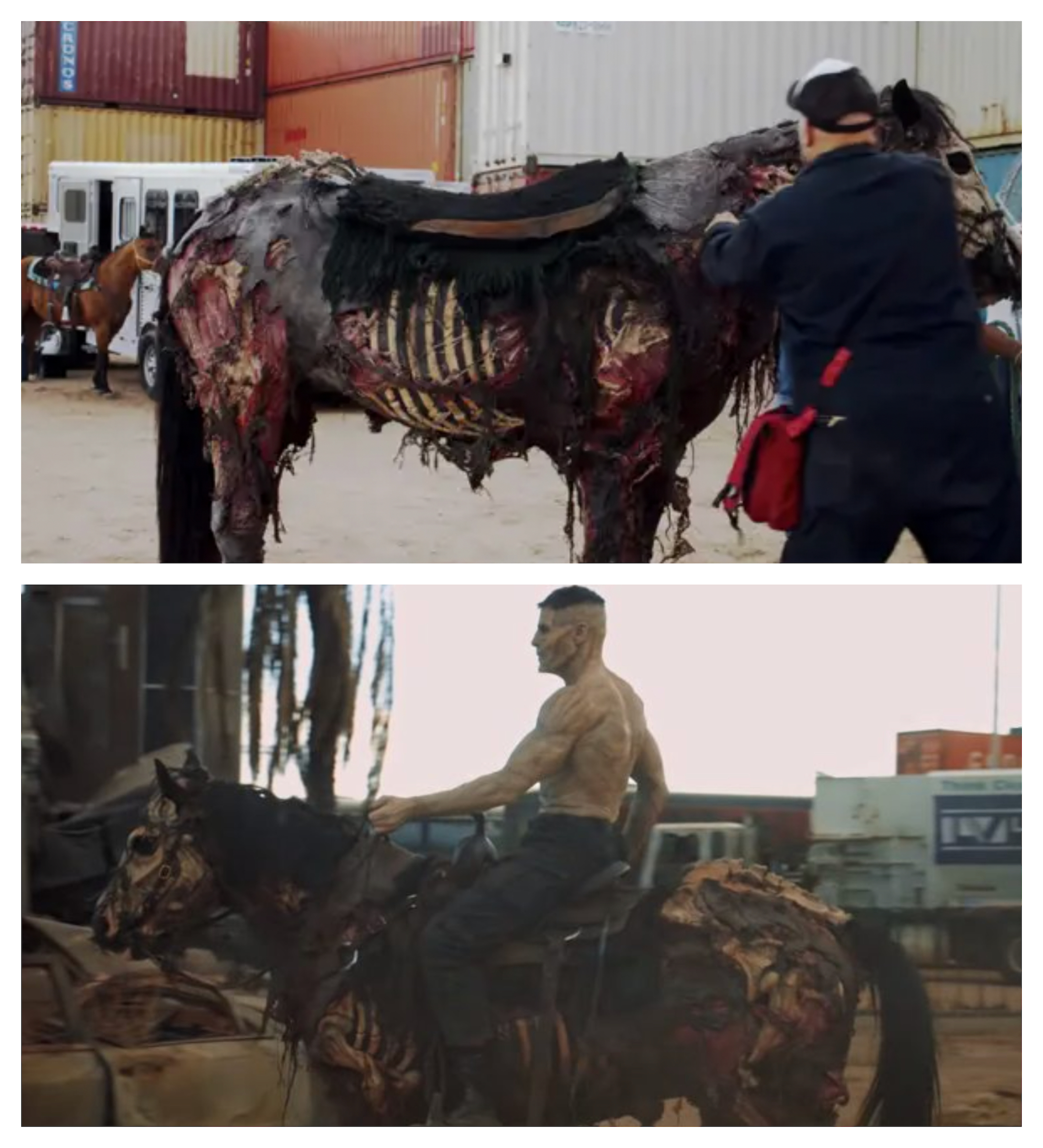 A real horse performs on set wearing a multi-layered zombie costume created by Gabriel Bartalos and his team.  Images courtesy Netflix.