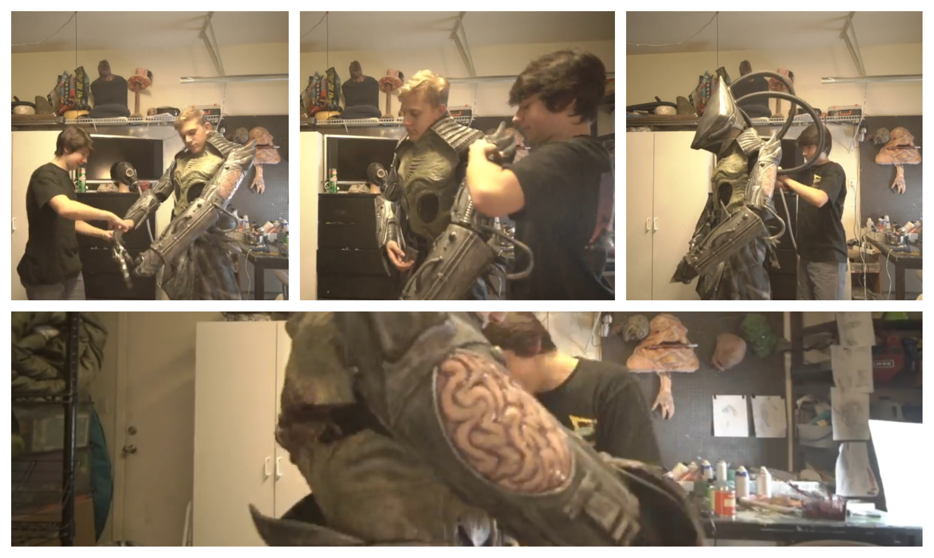 Noah being suited up in the original Halloween alien suit. Check out the detail on the 'brain arm'!