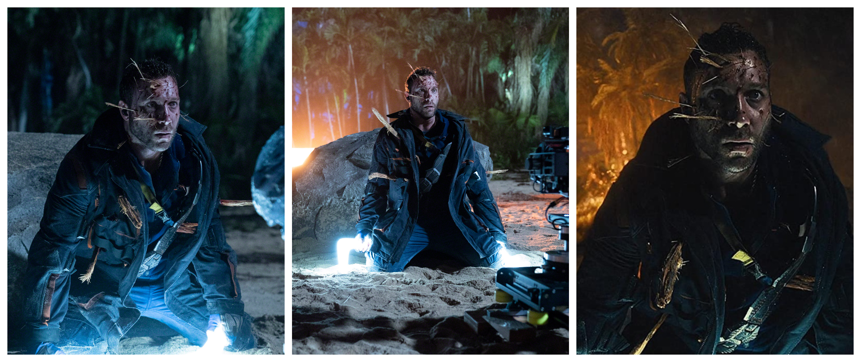 Captain Boomerang, played by Jai Courtney, is impaled by palm tree shrapnel caused by the Corto Maltese army helicopter crash. Images courtesy Warner Bros.