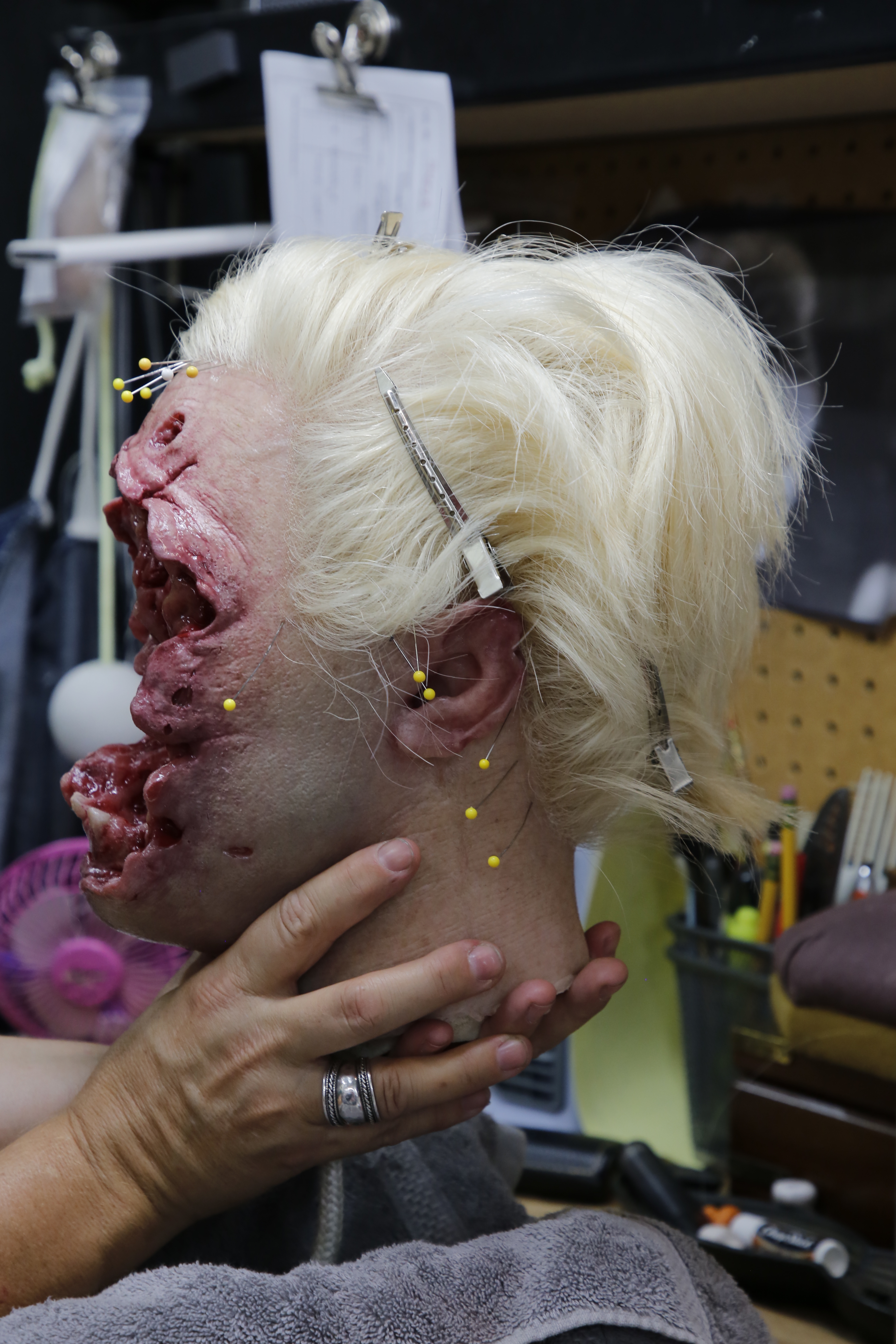 The Blackguard machine-gunned face silicone reference head built by Legacy Effects. Image courtesy Legacy Effects/Warner Bros.