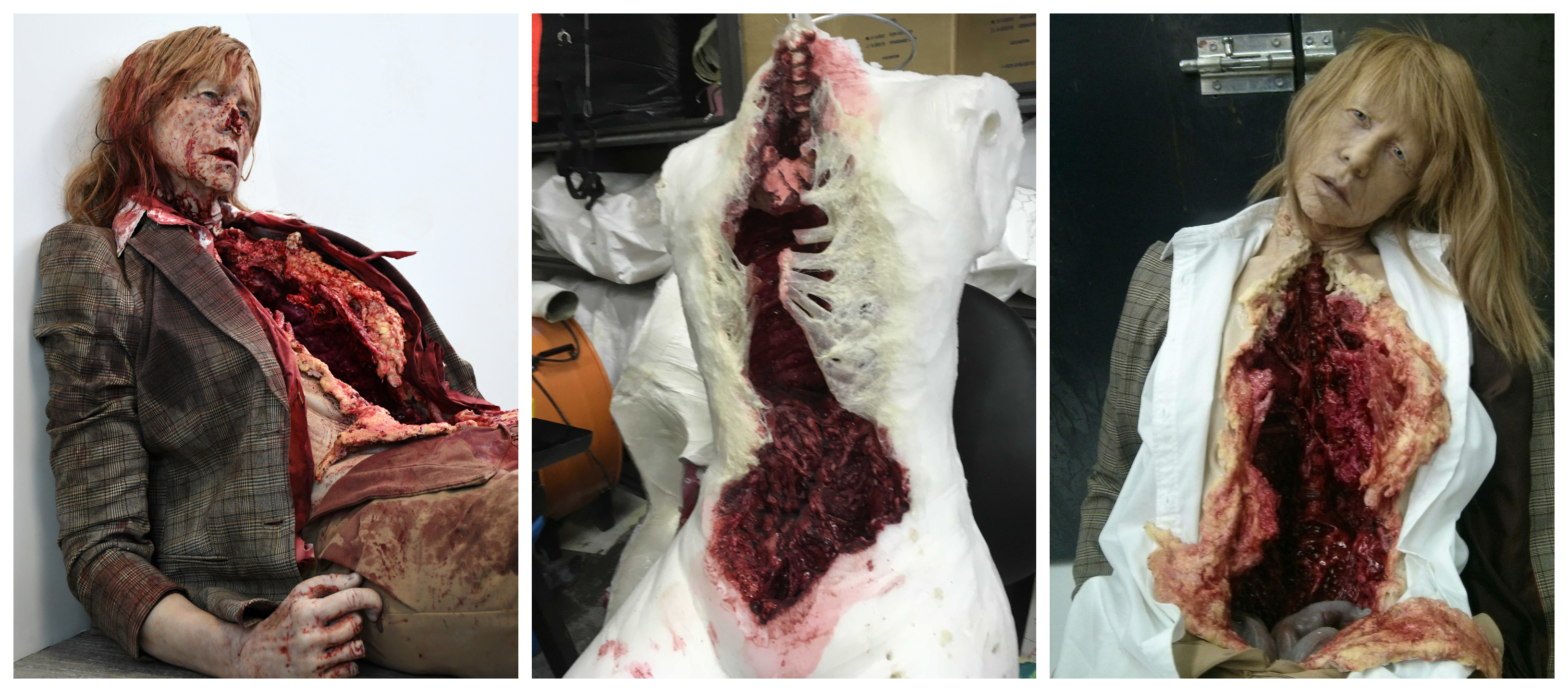 Principal Booth's corpse with body and gore fabricated by Christopher Clark, hair work by Jackie Seo, and paint by Bronwyne Sloley. Images courtesy LSFX/Fox Searchlight.