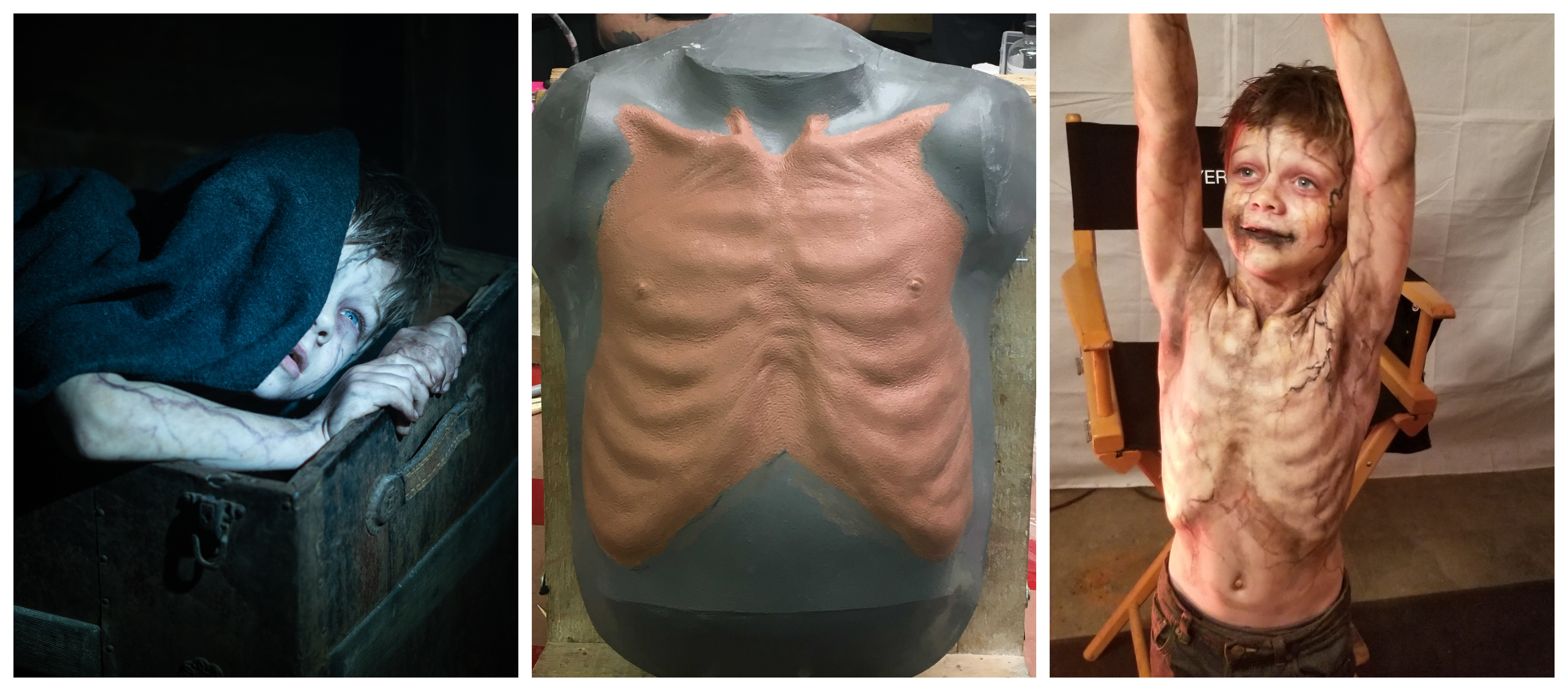 L-R: veining makeup visible on Aiden's arm, Aiden's sculpted chest piece by Kate Jadue, and actor Sawyer Jones in makeup applied by Holland Miller and Dae Cadman with black vein bondos run by Emily Herriott and Corinne DeBerry. Images courtesy LSFX/Fox Searchlight.