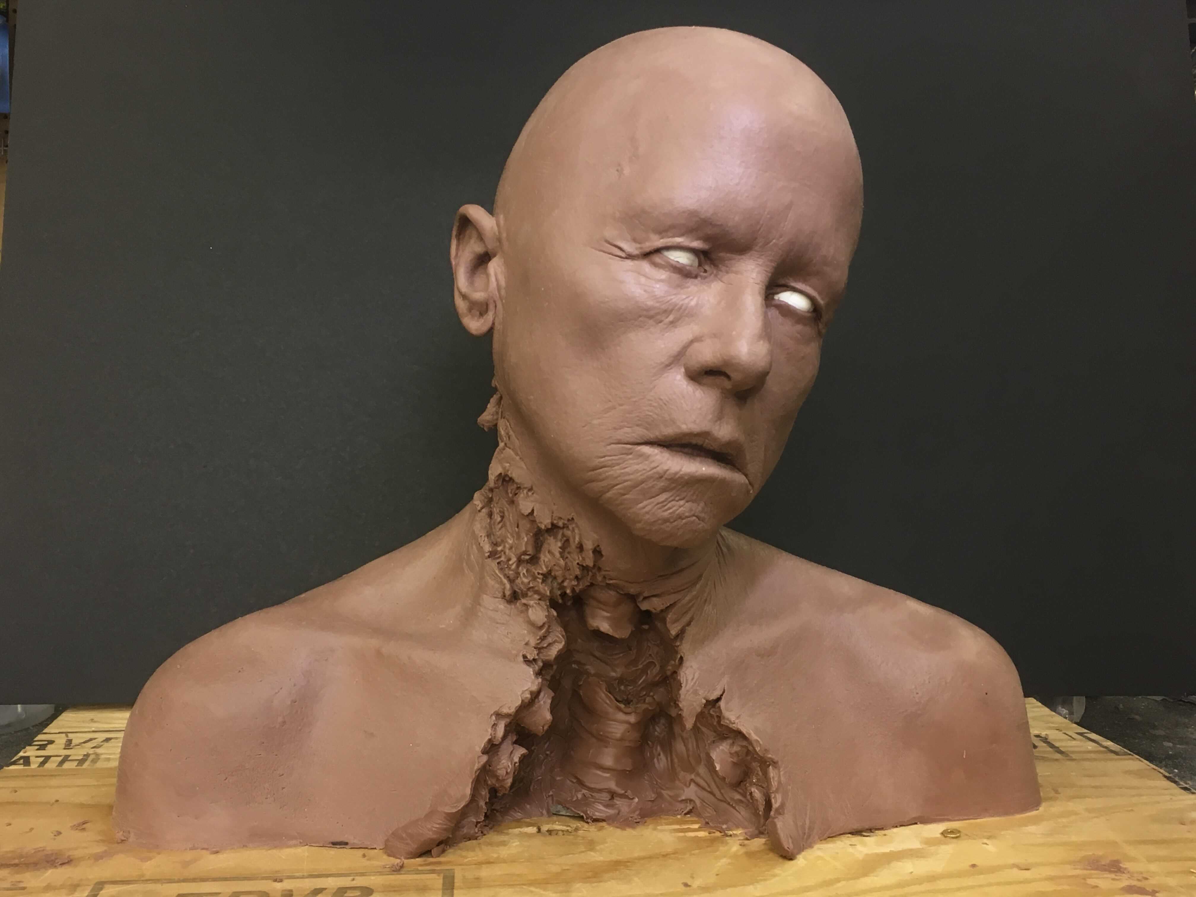 A resculpted lifecast of Amy Madigan as Principal Booth with neck gash and gore sculpted by Jamie Salmon. Image courtesy LSFX/Fox Searchlight.