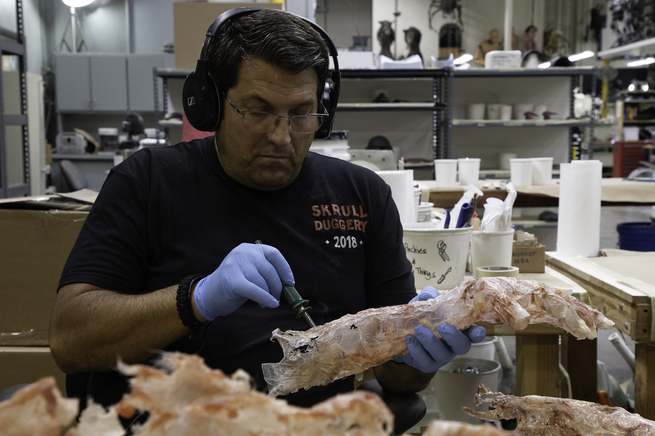 Legacy artist Mark Killingsworth works on the limbs for the Frank husk. Image courtesy Legacy Effects/Fox Searchlight.