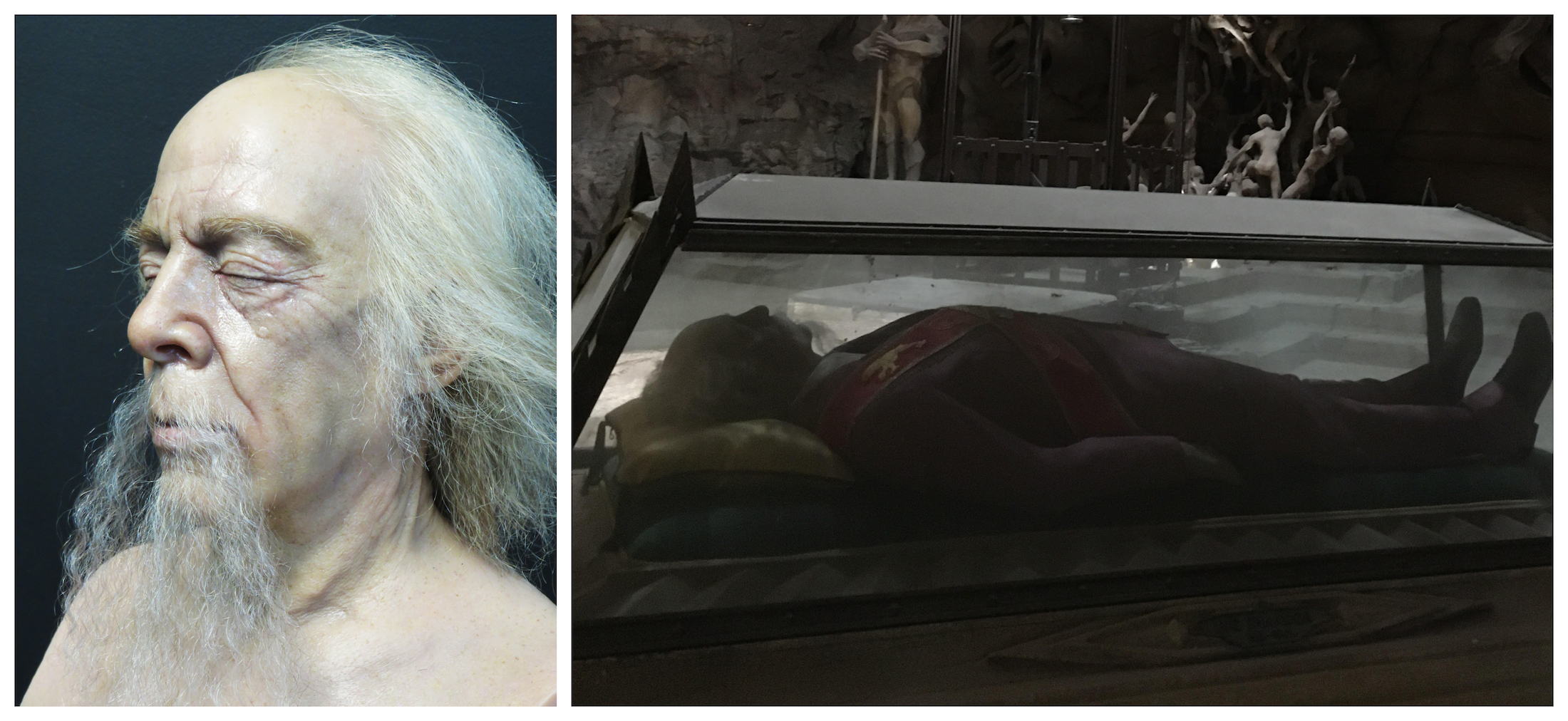 Left: completed head of the Ivo coffin dummy. Right: the Ivo Shandor dummy in the coffin on the mine set. Images courtesy Arjen/Sony Pictures.