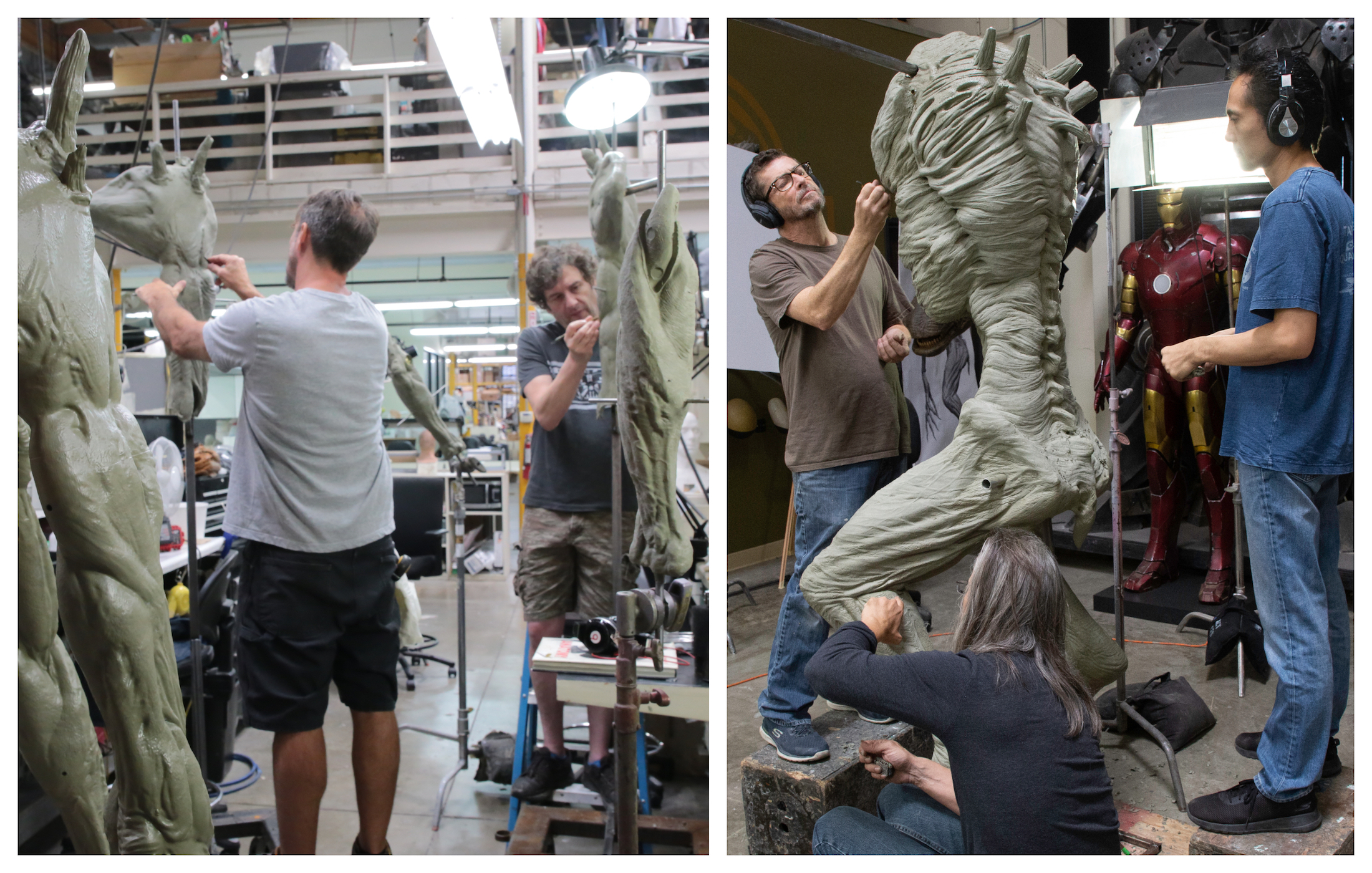 Left: Rob Ramsdell and Glen Hanz sculpt the Wendigo's arms. Right: Mark Maitre, Hiroshi Katagari and Greg Polutanovich sculpt the torso and legs. Images courtesy Legacy Effects/Fox Searchlight.