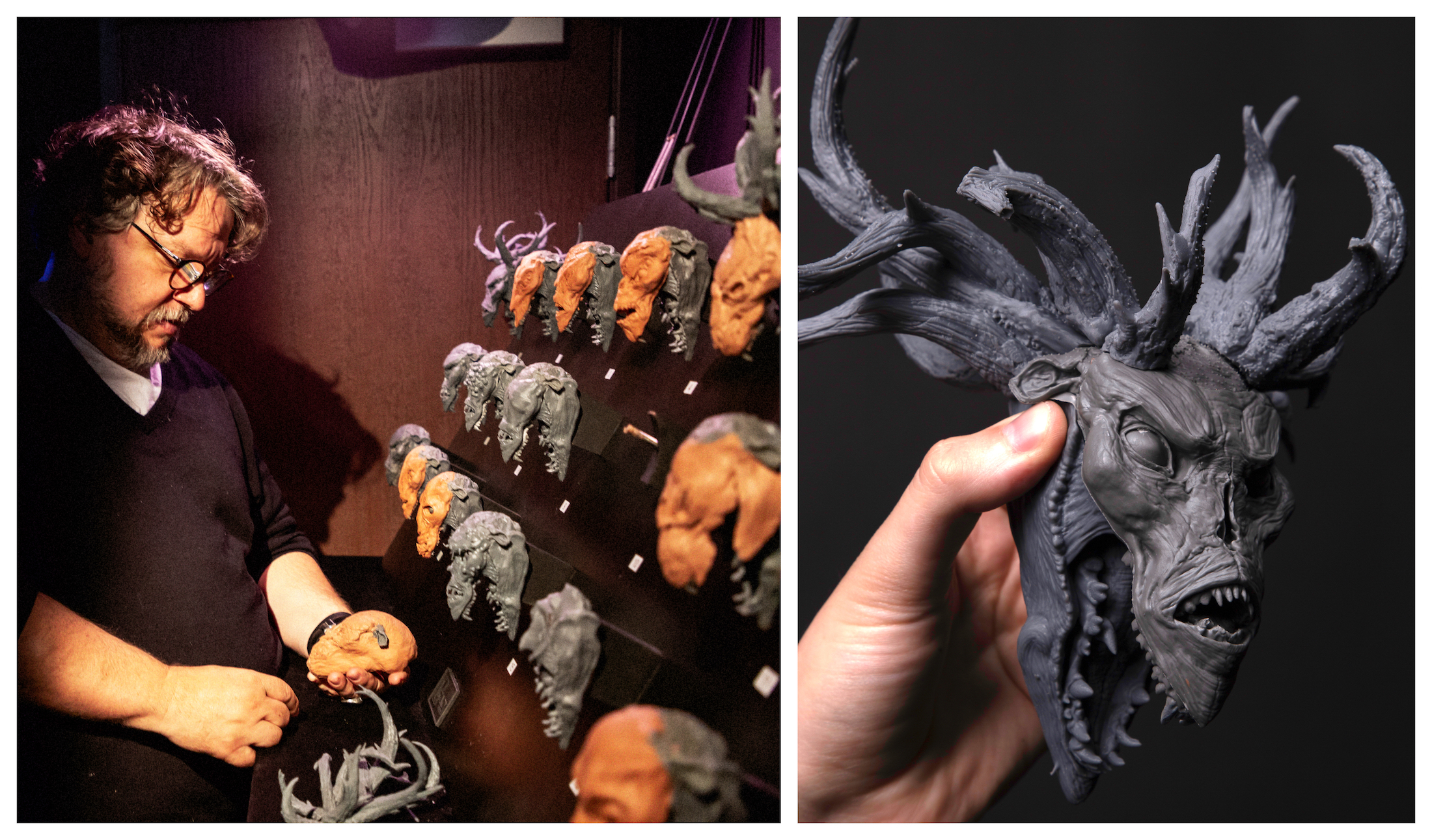 Left: Producer Guillermo del Toro reviews Wendigo head concepts. Right: one of the miniature concept heads. Images courtesy Legacy Effects/Fox Searchlight.