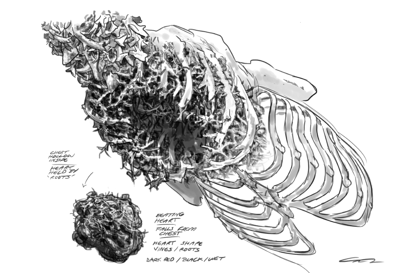 Guy Davis artwork detailing the heart and chest cavity of the Wendigo. Image courtesy Fox Searchlight.