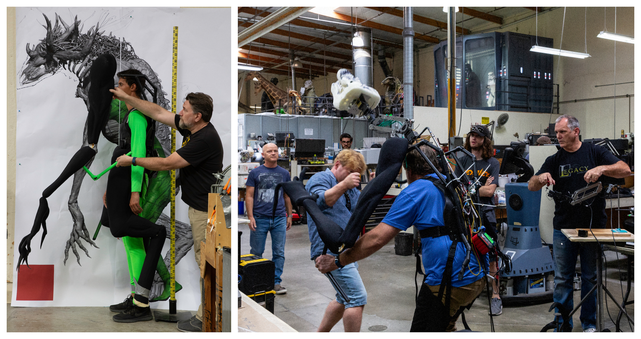 Left: Ted Haines measures performer Dorian Kingi in the foam garbage bag Wendigo suit against blown-up design. Right: Lindsay Macgowan, Shane Mahan, Ted Haines, Derek Rosengrant, and Alan Scott conduct a Wendigo garbage bag test. Images courtesy Legacy Effects/Fox Searchlight.