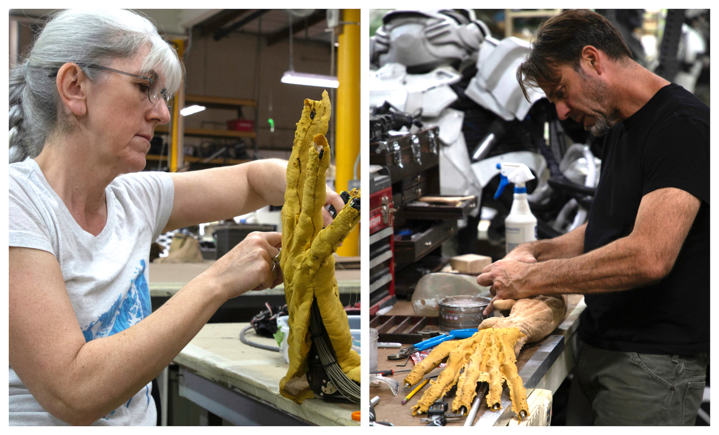 Tracey Roberts and Rob Ramsdell fit foam latex skins onto the Wendigo's hand mechanisms. Images courtesy Legacy Effects/Fox Searchlight.