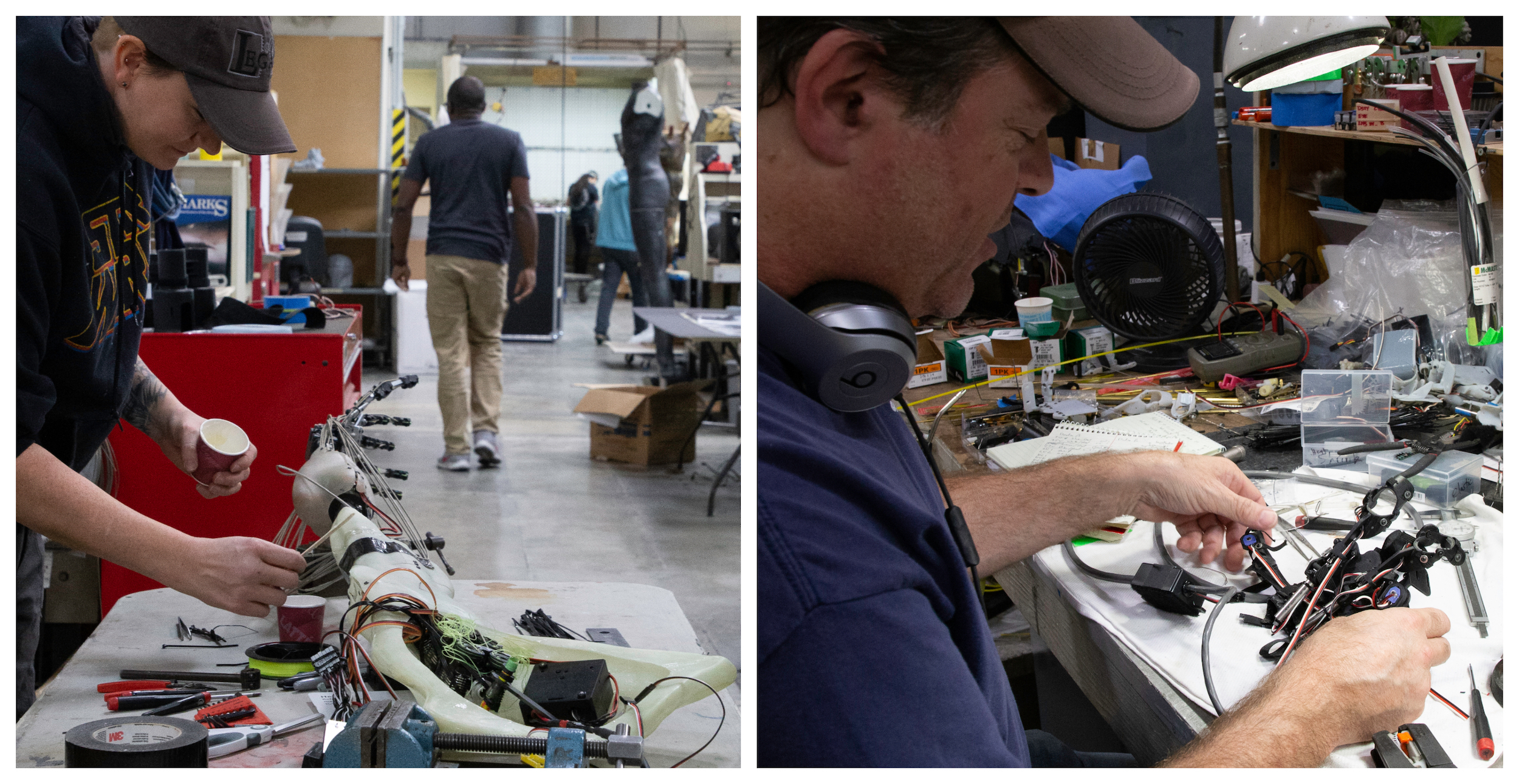 Mechanics Stephanie Riekena and Rick Galinson work on the Wendigo's hand mechanisms and telemetry devices. Images courtesy Legacy Effects/Fox Searchlight.