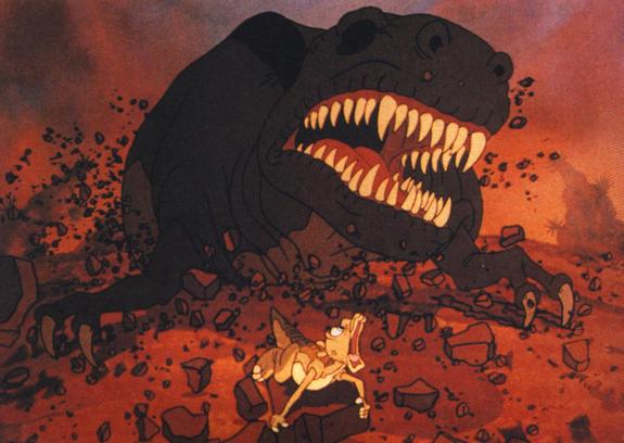 Ducky, a Saurolophus, narrowly avoids being a snack for an attacking “Sharptooth” aka T-Rex.