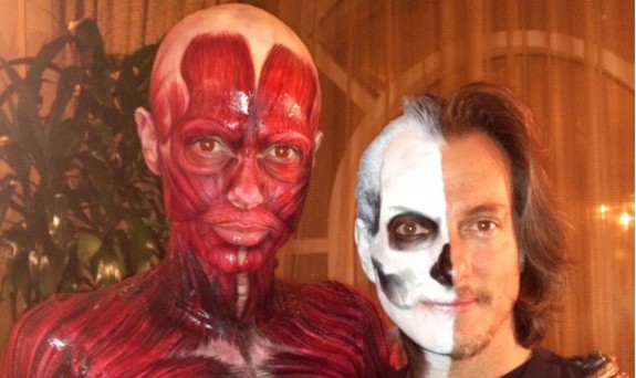 Bill Corso in half-skull makeup with actress/model/host Heidi Klum as the 'visible' woman, facial makeup created by Bill for Heidi's annual Halloween party a few years ago.