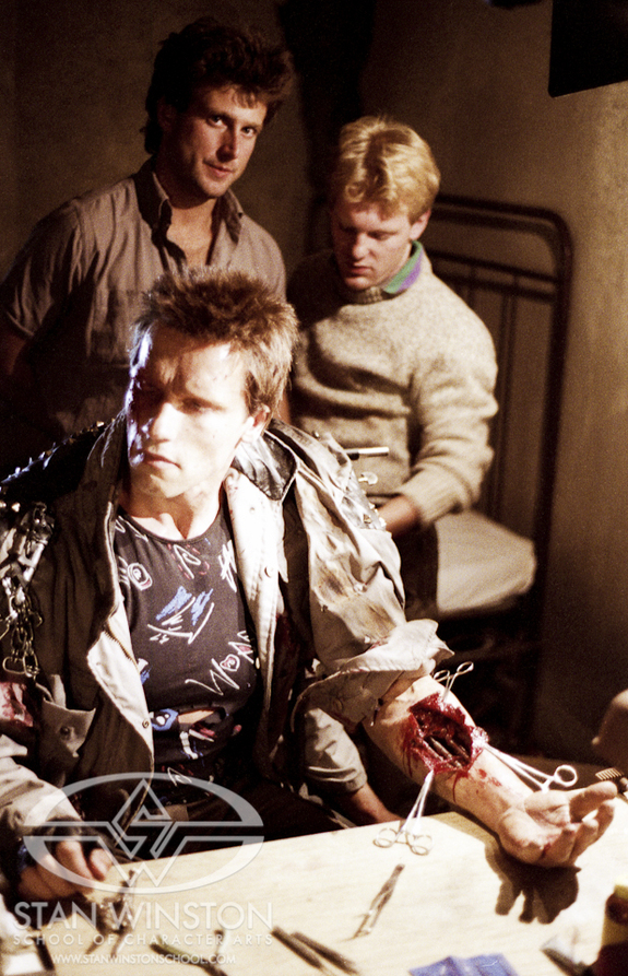 Behind Arnold Schwarzenegger, John Rosengrant, and Shane Mahan, young Turks on the set of The Terminator.